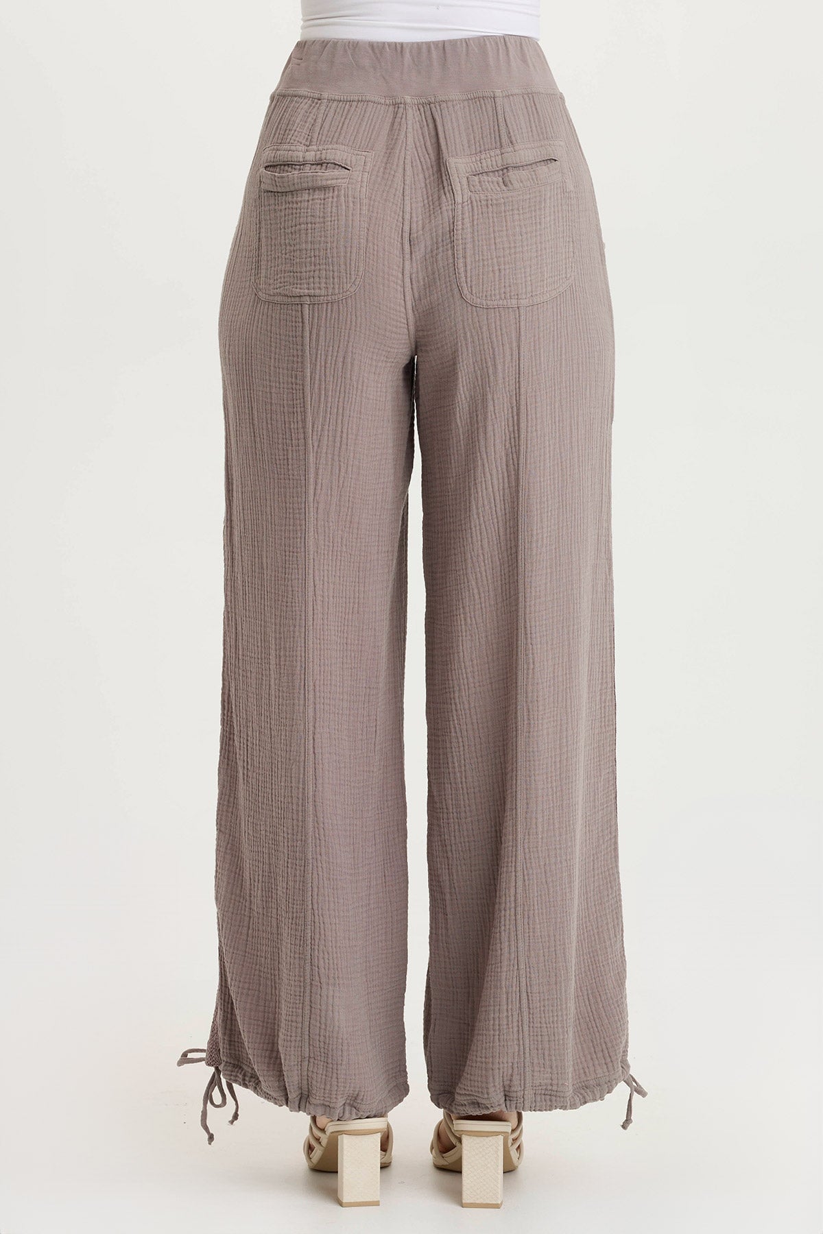 Lenka Gauze Cinched Wide Leg Pants - Women's Boho Linen Palazzo Pants for Summer, Beach & Yoga - Comfortable Elastic Waist Lounge Pants
