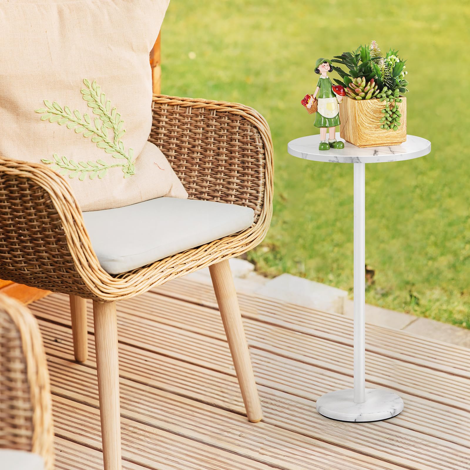 Modern White Round Side Table Set of 2 - Small Accent End Tables with Marble Base for Living Room, Bedroom, Outdoor - Perfect for Drinks, Books & Decor