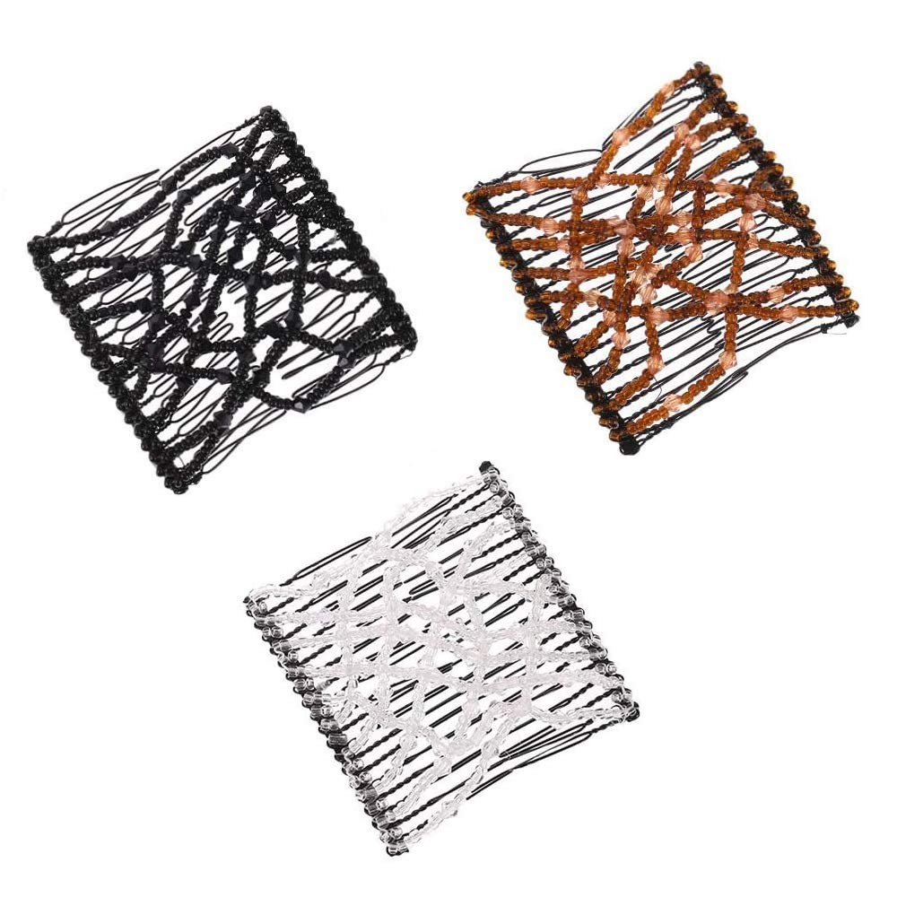3 Pcs Crystal Bead Hair Combs - Magic Elastic Hair Clips & Stretchy Hair Barrettes for Women - Double Hair Claw Clips Set - Perfect for Updos, Ponytails & Everyday Styling