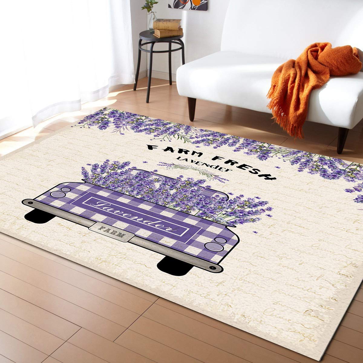 5'x7' Large Rectangle Area Rug - Non-Slip Washable Floor Mat for Living Room, Bedroom, Nursery | Lavender Retro Letter Design | Luxury Home Decor & Vintage Truck Backdrop - Perfect for Cozy Spaces, Photo Shoots & Farmhouse Style