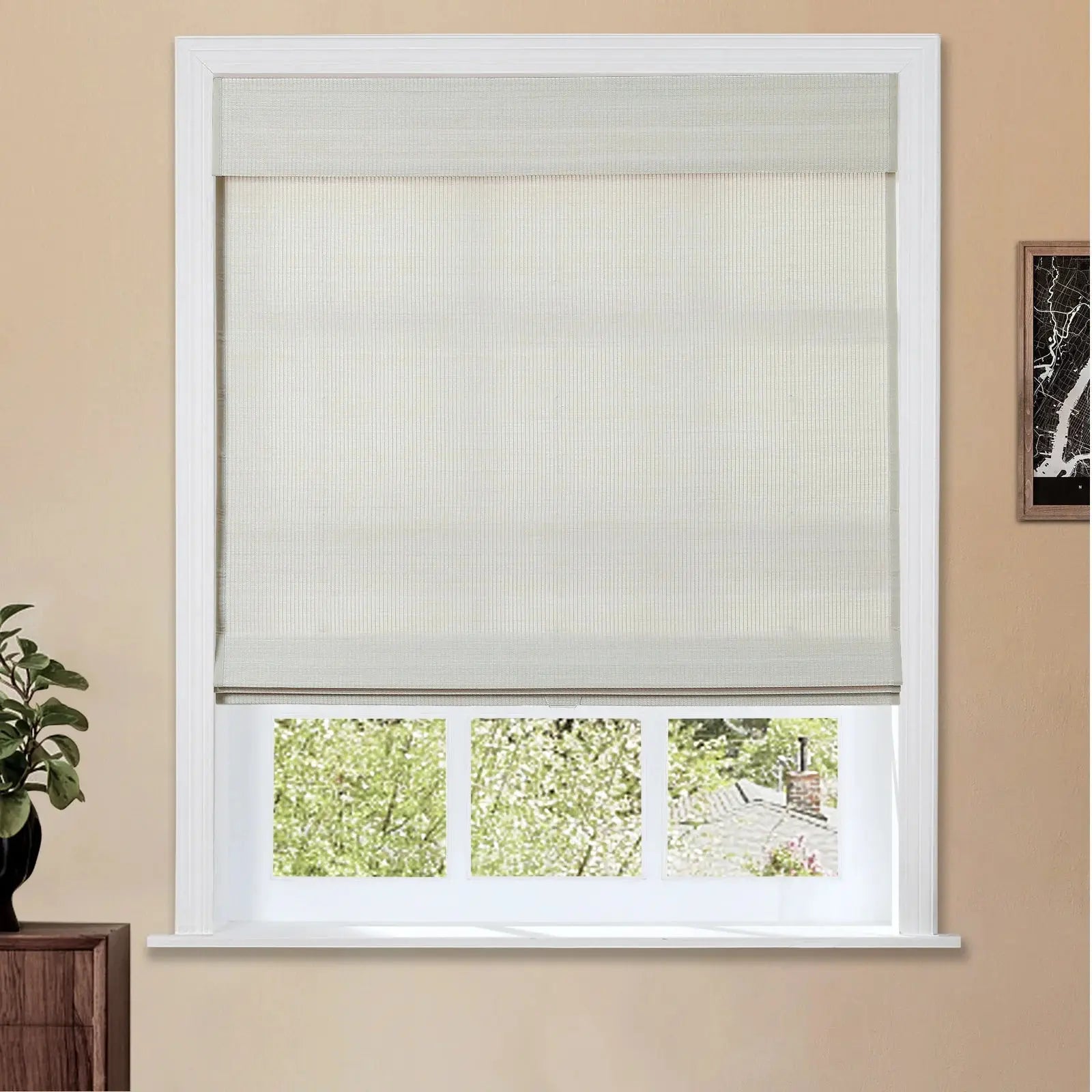 Sybil Bamboo Roman Shade - Natural Birch White Window Treatment for Living Room & Bedroom | Eco-Friendly Roller Blind for Home Decor
