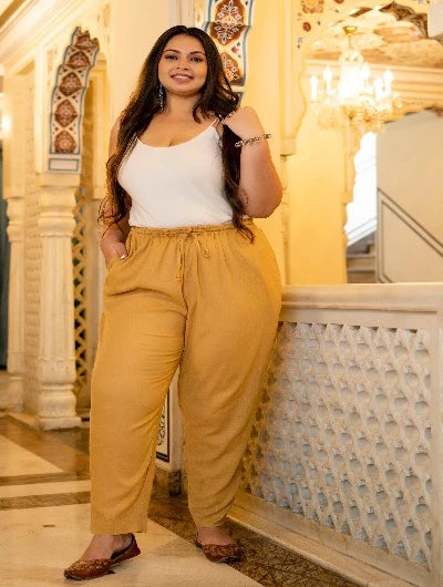 Plus Size Women's Yellow Cotton Trousers - Comfortable High Waist Pants for Casual Wear, Office & Travel