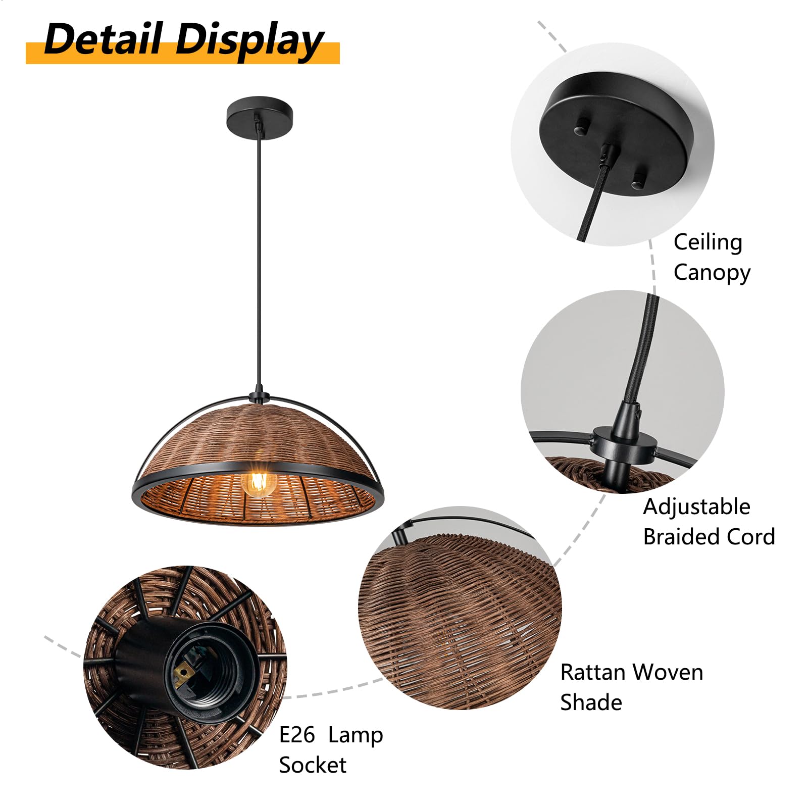 Handmade Woven Rattan Half Round Pendant Light Fixture - 2 Pack Adjustable Farmhouse Bohemian Hanging Lights for Kitchen Island, Dining Room, Bar & Bedroom - Natural Wicker Chandelier for Modern Boho Home Decor