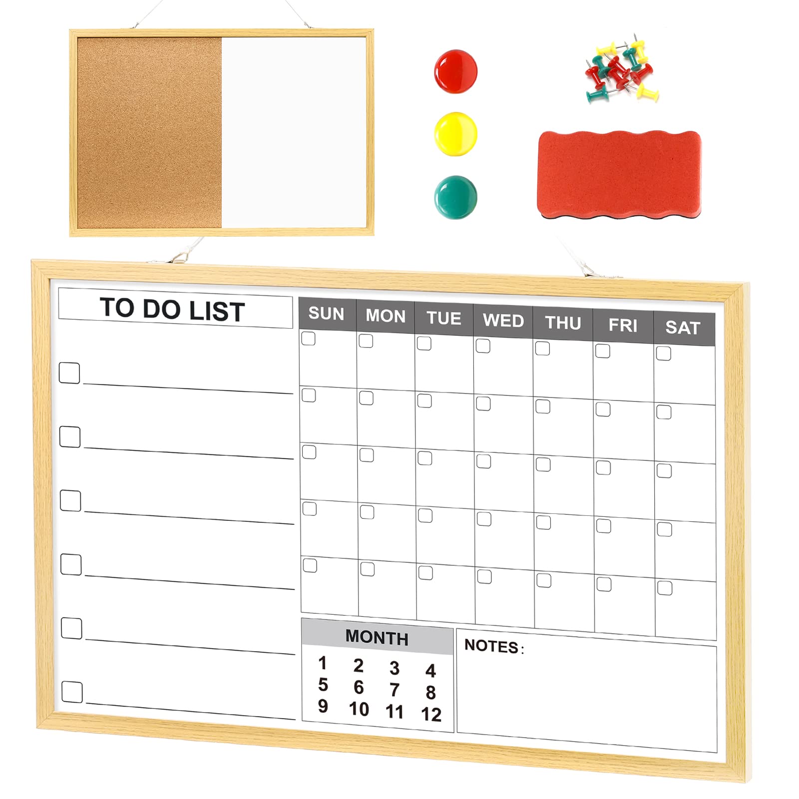 Homde 24x16 Inch Double-Sided Whiteboard - Monthly Calendar Planner, Cork Board & Dry Erase Board for Office & Home | Perfect for Scheduling, Note-Taking & Organizing Tasks