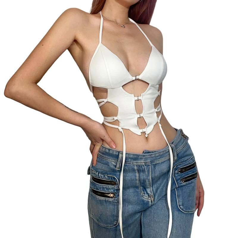 Sexy Women's Cut Out Deep V Neck Halter Crop Top - Sleeveless Criss Cross Backless Tank Top with Tie Up Detail in White | Perfect for Summer Beach Parties, Night Out & Festival Fashion