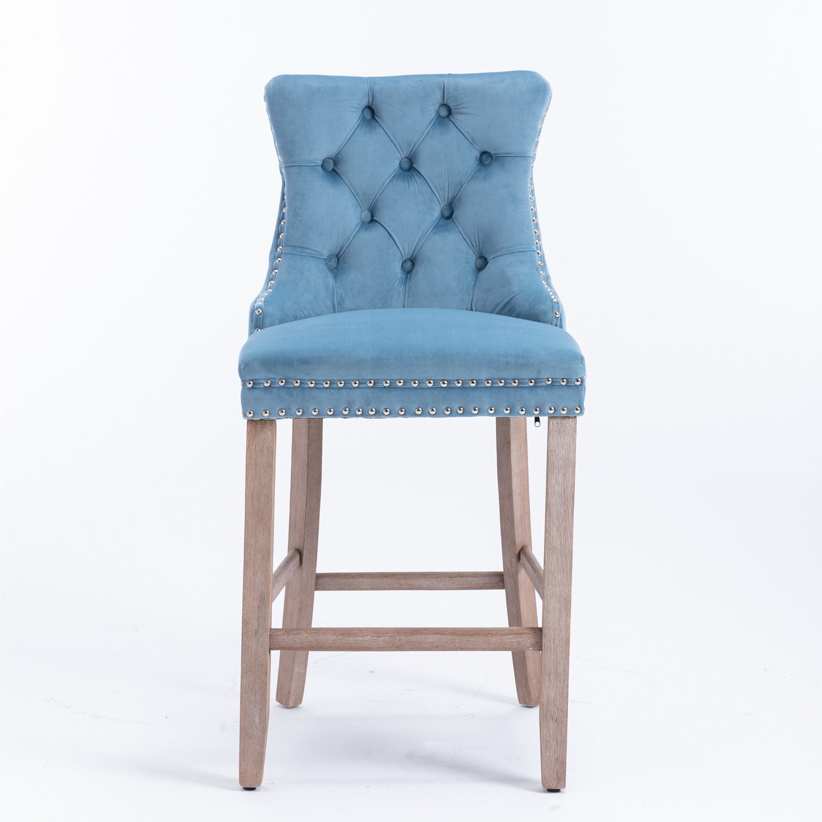 Modern Velvet Bar Stools with Button Tufted Back & Wooden Legs - Set of 2 Light Blue Bar Chairs with Chrome Nailhead Trim for Kitchen Island, Breakfast Bar & Home Decor (SW2002LB)