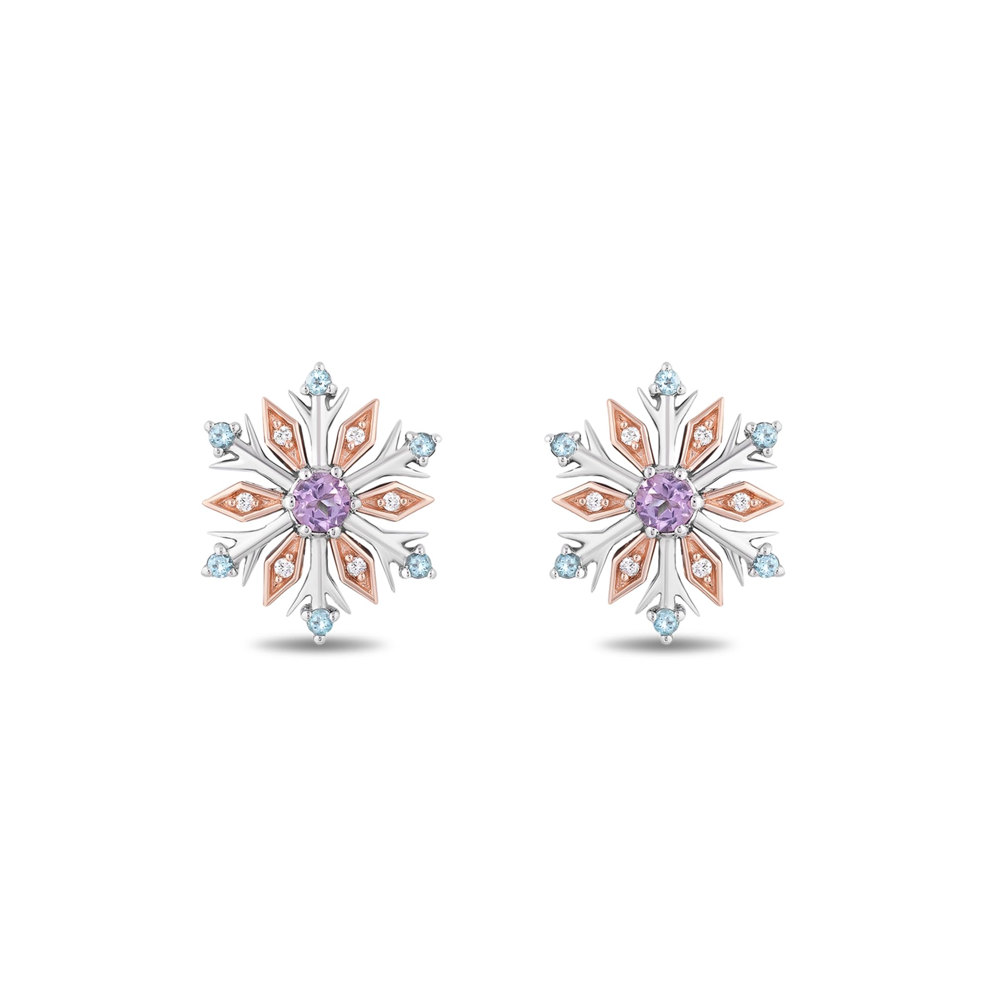 Enchanted Disney Elsa Snowflake Earrings - 14K Rose Gold over Sterling Silver with 1/20 CTTW Diamond, Sky Blue Topaz & Rose de France | Elegant Jewelry for Women | Perfect for Disney Fans, Weddings, Parties & Special Occasions