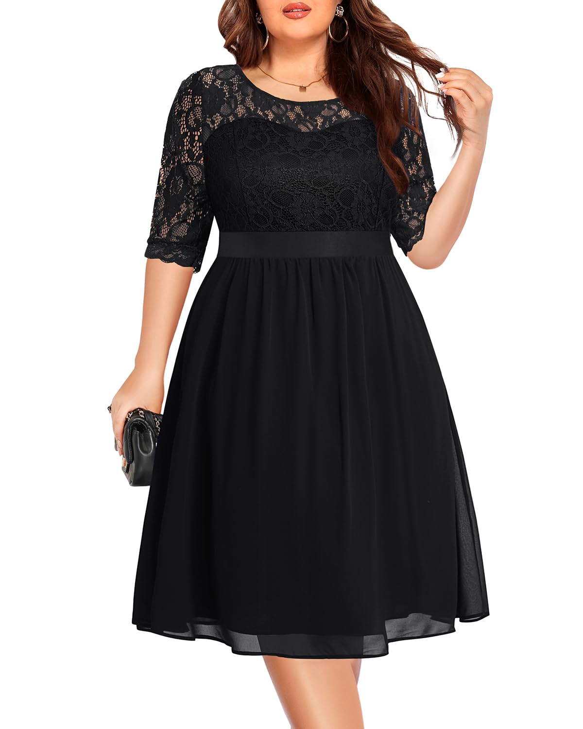 Plus Size Lace Chiffon Wedding Guest Dress for Women - Elegant Cocktail Party Midi Dress | Perfect for Bridal Showers, Evening Events & Special Occasions