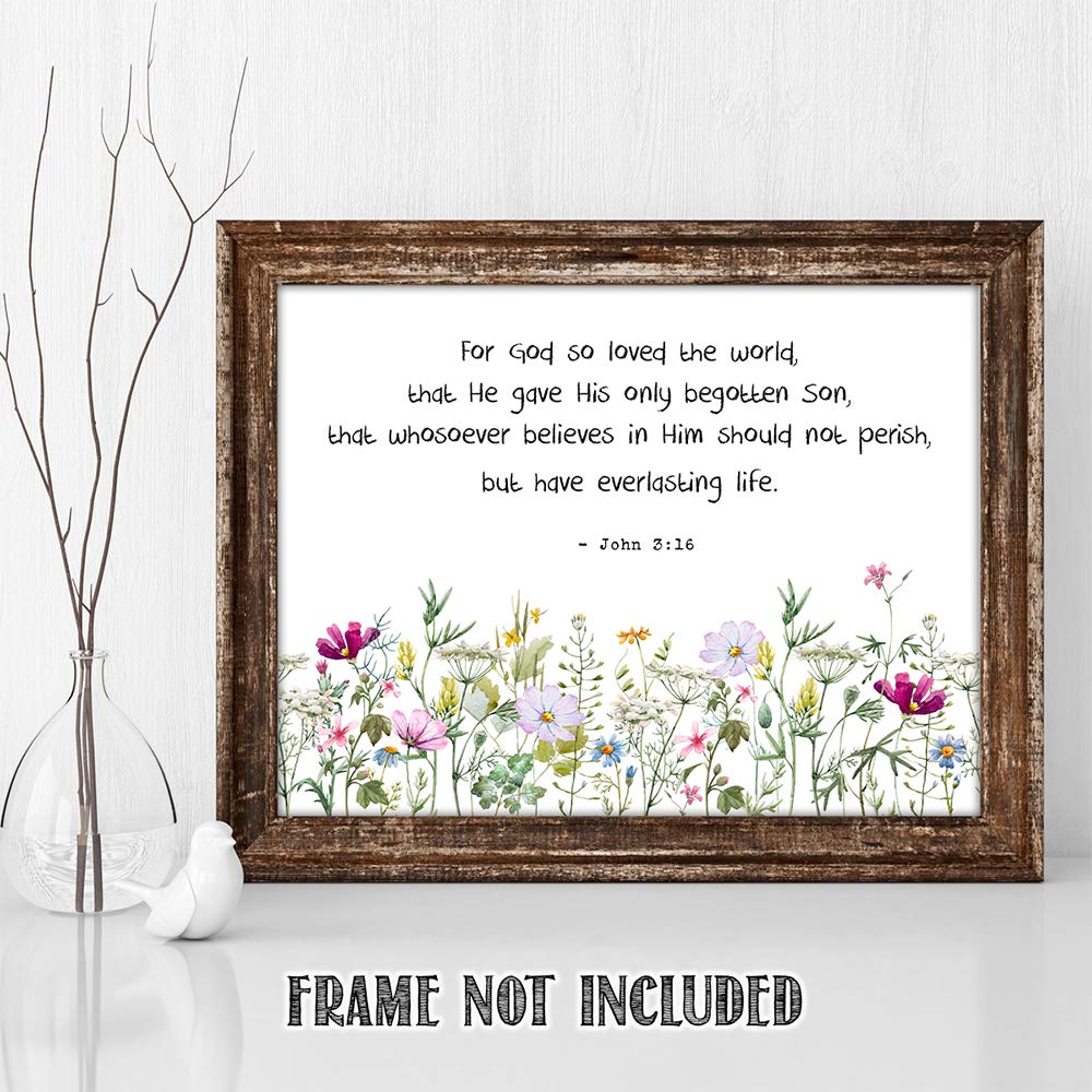 TJ Originals - John 3:16 Bible Verse Wall Art - 11x14 Inspirational Christian Home Decor with Wild Flowers Design - Perfect for Living Room, Bedroom & Church - Great Gift for Women, Family & Friends (Birthday, Housewarming, Religious Occasions)