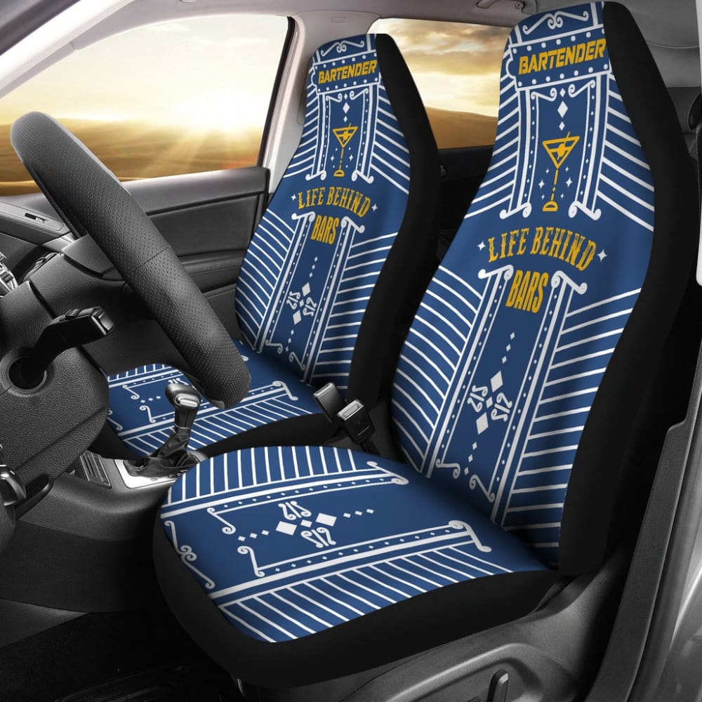 Premium Blue 'Life Behind Bars' Bartender Gold Letter Printed Car Seat Covers 211601 - Durable & Stylish Protection for Cars, Trucks & SUVs - Perfect for Bartenders, Car Enthusiasts & Gift Giving