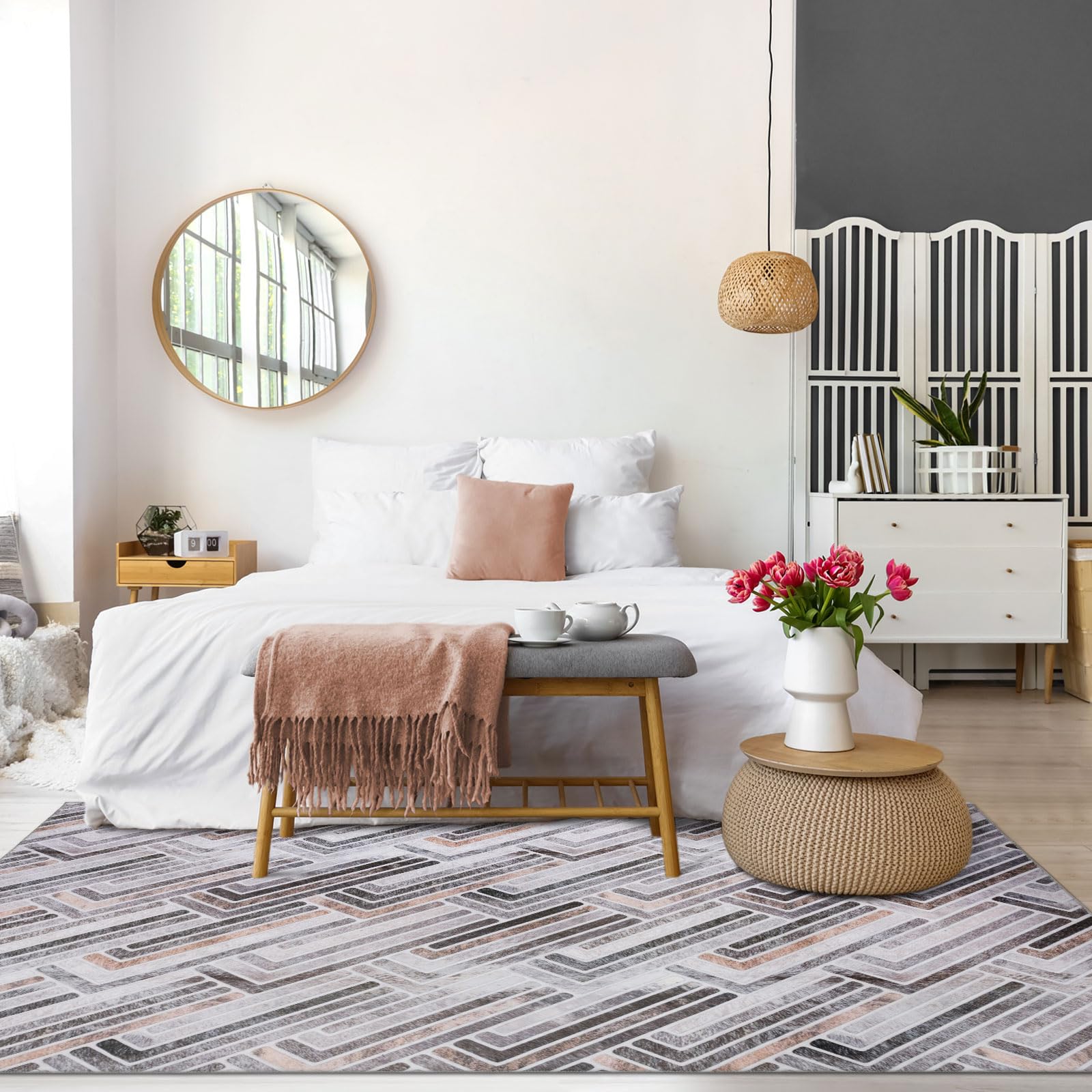 DECOMALL Washable Area Rugs 8x10 Feet - Faux Cowhide Rug with Non-Slip Backing, Modern Geometric Pattern for Living Room, Bedroom, Office & Dorm Decor | Soft & Durable Indoor Floor Carpet for High Traffic Areas