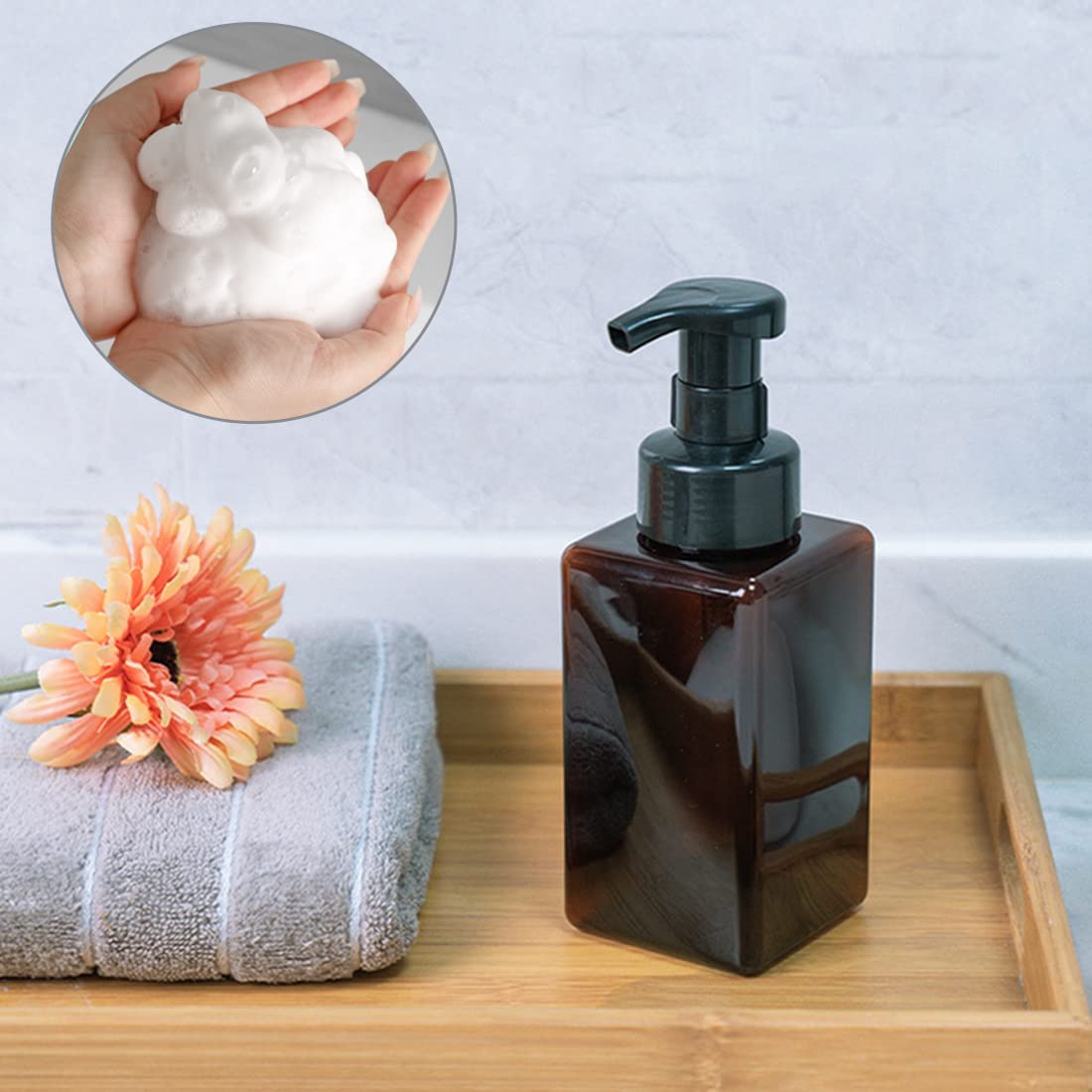 Refillable Foaming Soap Dispenser 16oz (450ml) - Modern Square Pump Bottle for Shampoo, Body Wash & Liquid Soap | PETG Plastic Empty Soap Dispenser for Kitchen, Bathroom & Hospital Use | 2-Pack Brown | Perfect for Home, Office and Commercial Spaces