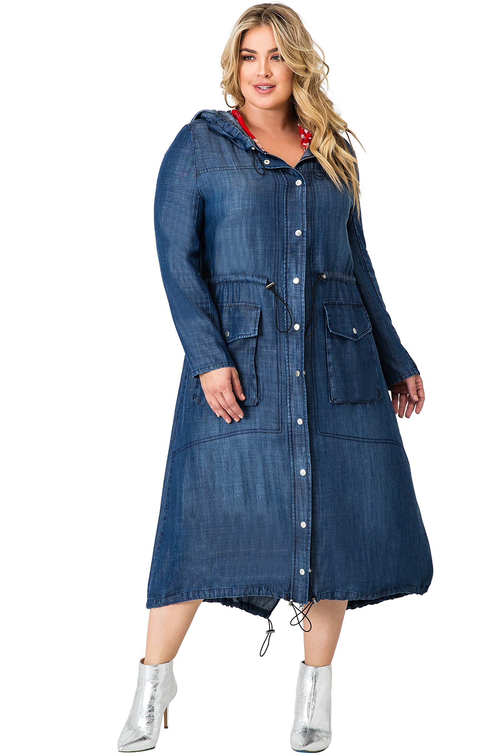 Plus Size Women's Denim Tencel Long Duster Hoodie Dress - Stylish Anorak Jacket for Casual Wear & Layering | Perfect for Fall Fashion, Street Style & Everyday Outfits