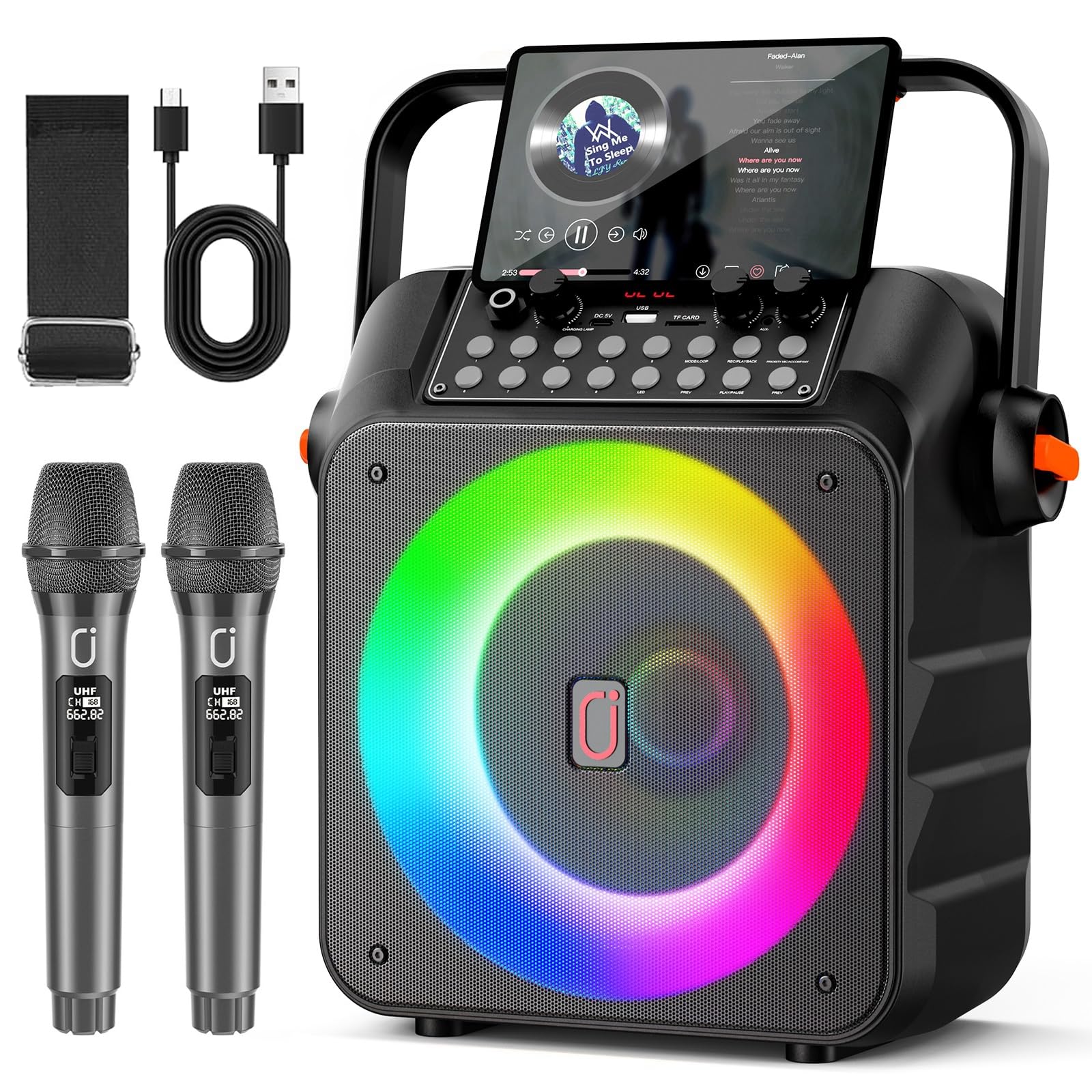 Portable Karaoke Machine with 2 Wireless Microphones - Bluetooth Speaker, PA System & LED Lights for Home Singing, Outdoor Parties - Perfect Music Gift for Adults & Kids (Ideal for Birthday Celebrations, Family Gatherings & Camping Trips)