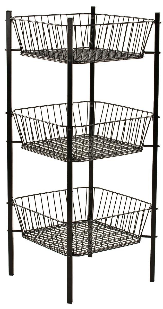 3-Tier Mobile Impulse Bin with 3 Tapered Baskets - Heavy Duty Wire Dump Bin for Retail Store Floor Displays - Steel Rolling Cart with Wheels (Black) - Perfect for Supermarkets, Convenience Stores and Warehouse Organization