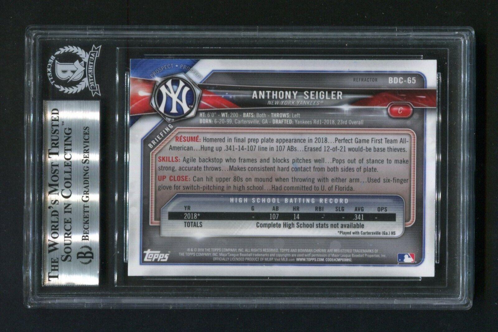 2018 Bowman Chrome Draft Refractors Anthony Seigler #BDC65 BGS Graded 9.5 Autographed Rookie Baseball Card - Perfect for Collectors, Sports Memorabilia Enthusiasts & Investment