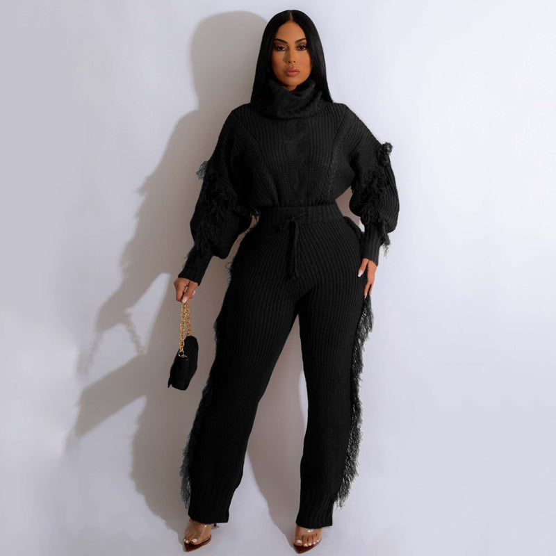 Solid Color Knitted Long Sleeve Fringe Suit - Women's Elegant Loungewear for Home, Office & Casual Outings