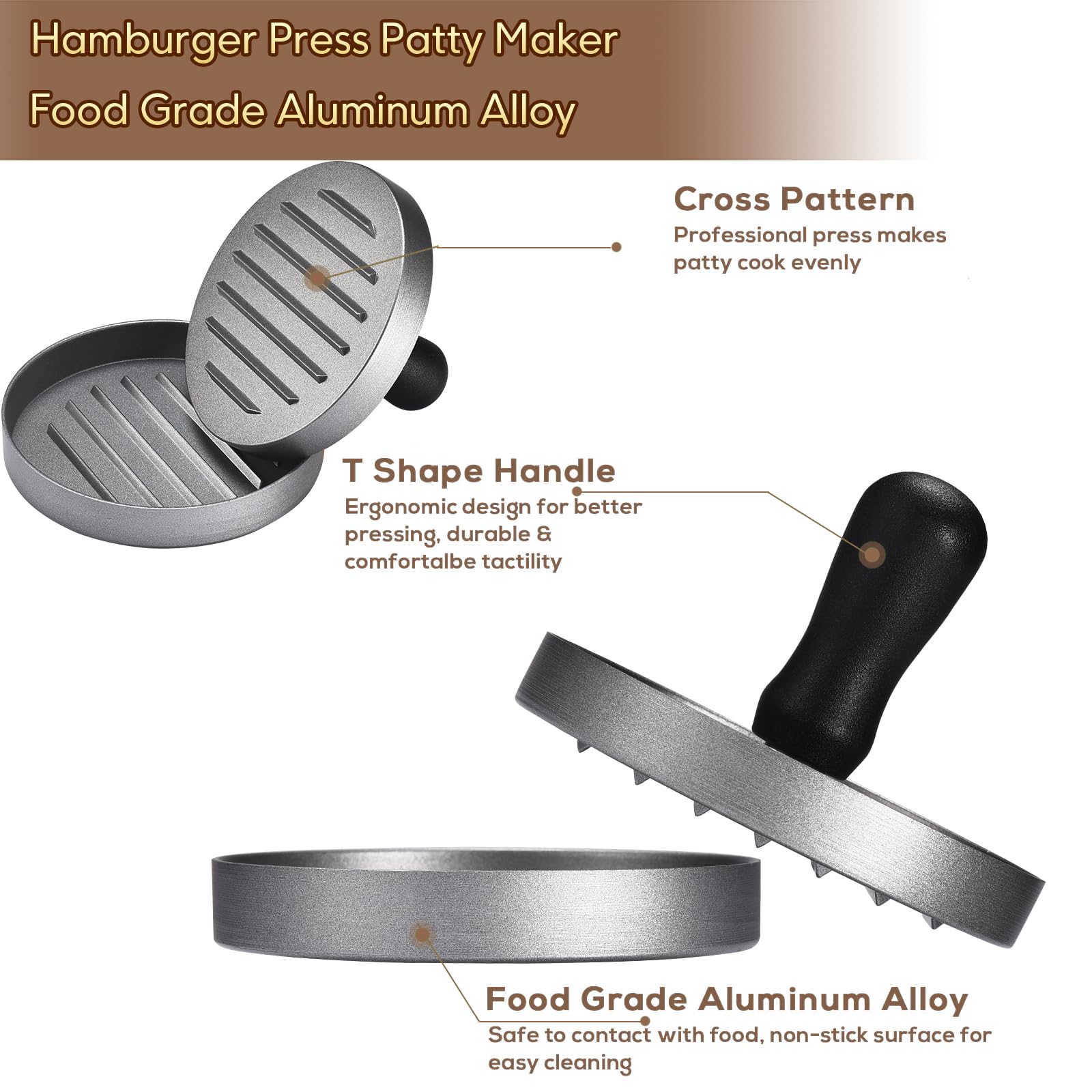 TIFMI 7-inch & 4.6-inch Hamburger Patty Maker Press - Non-Stick Aluminum with 100 BPA-Free Patty Papers - Perfect for Grilling Burgers, Bacon, Panini, Steak & Sandwiches - Ideal for Backyard BBQs, Camping & Home Cooking