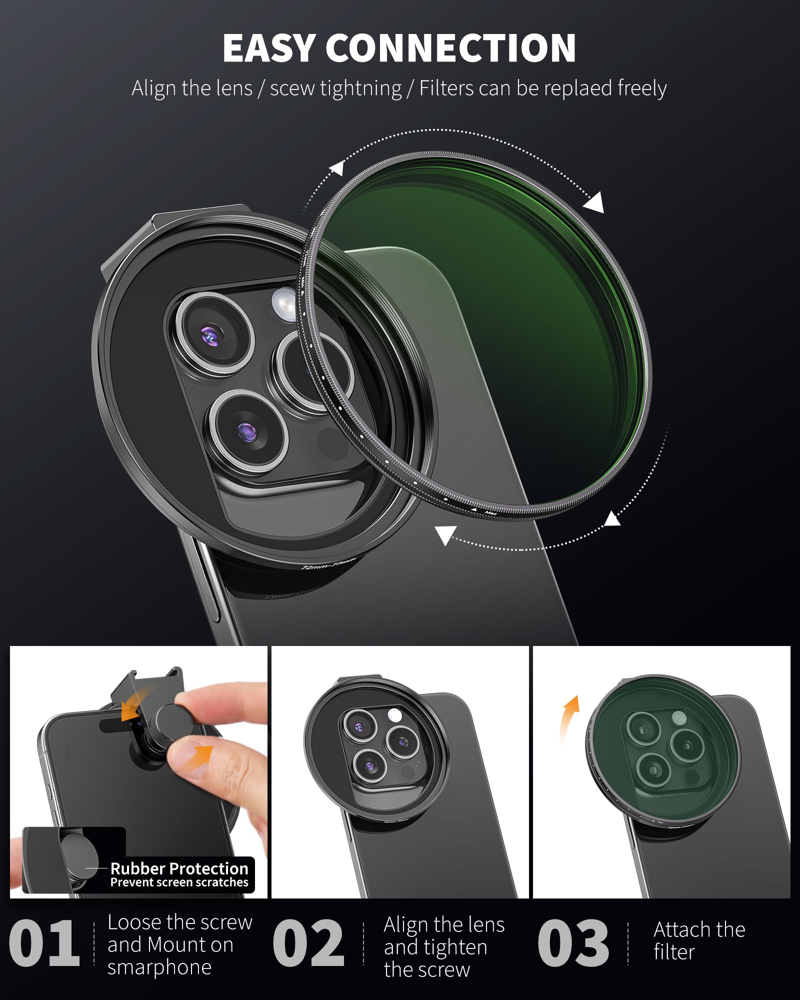 72mm Phone Filter Mount Lens Adapter with Cold Shoe Mount - Compatible with iPhone 13/14/15 Pro Max, Samsung S24 Ultra & 72mm Round Camera Filters - Perfect for Photography, Videography & Mobile Filmmaking