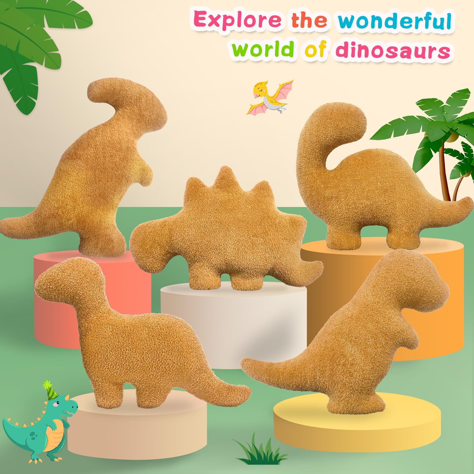 Dino Nuggets Plush Pillow - Brontosaurus Large Dinosaur Chicken Nugget Stuffed Toy for Kids, Teens & Adults | Funny Birthday Gift Idea for Dino Lovers | Perfect for Bedroom Decor, Couch Cuddling & Playtime