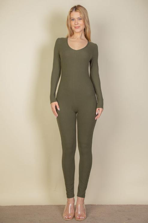 Stylish Ribbed Scoop Neck Long Sleeve Jumpsuit for Women - Comfortable Stretchy Bodycon Romper for Casual Wear, Date Night & Office Outfits