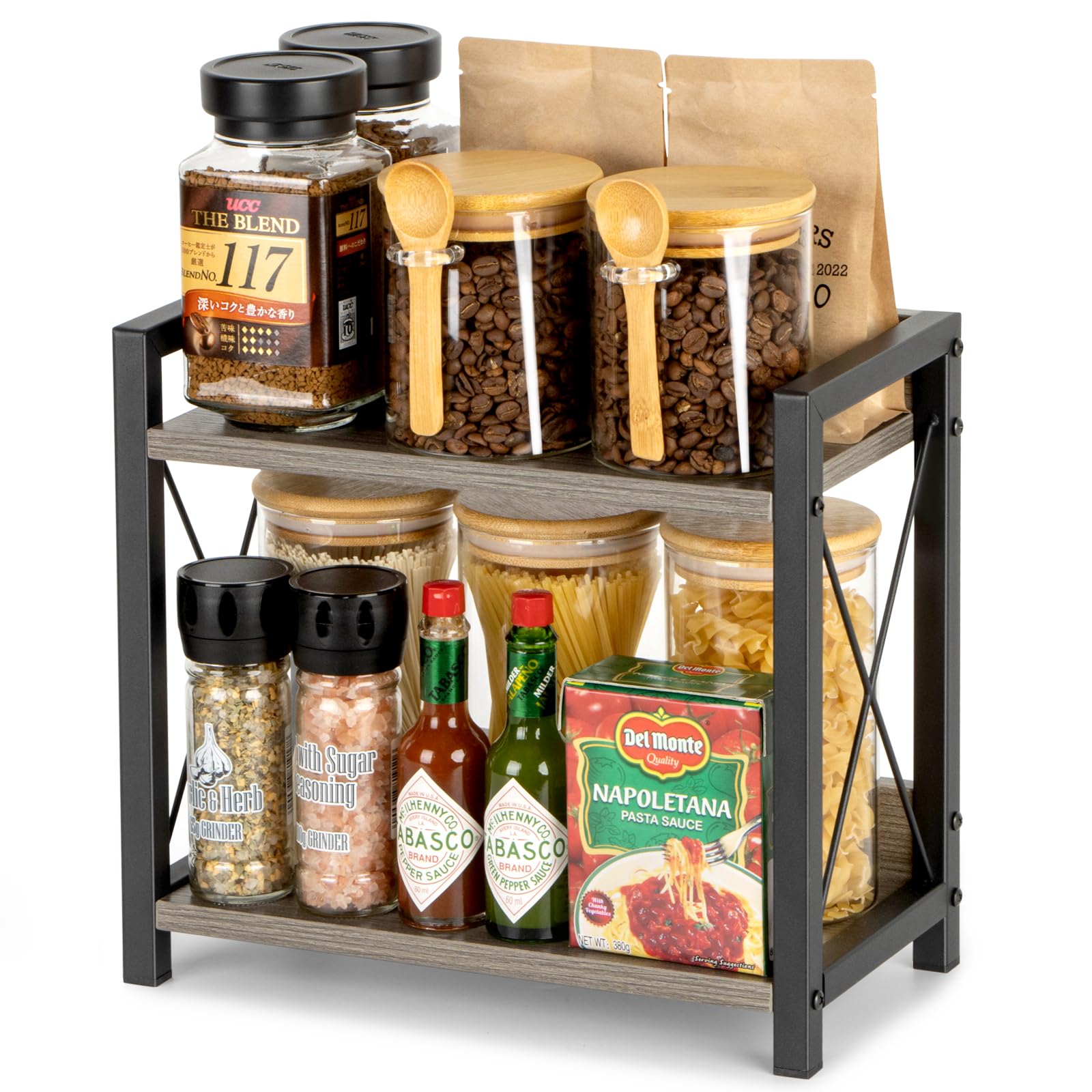 Grey Wooden 2-Tier Coffee Bar Organizer - Countertop Spice Rack & Kitchen Shelf for Coffee Station, Office, and Home Decor