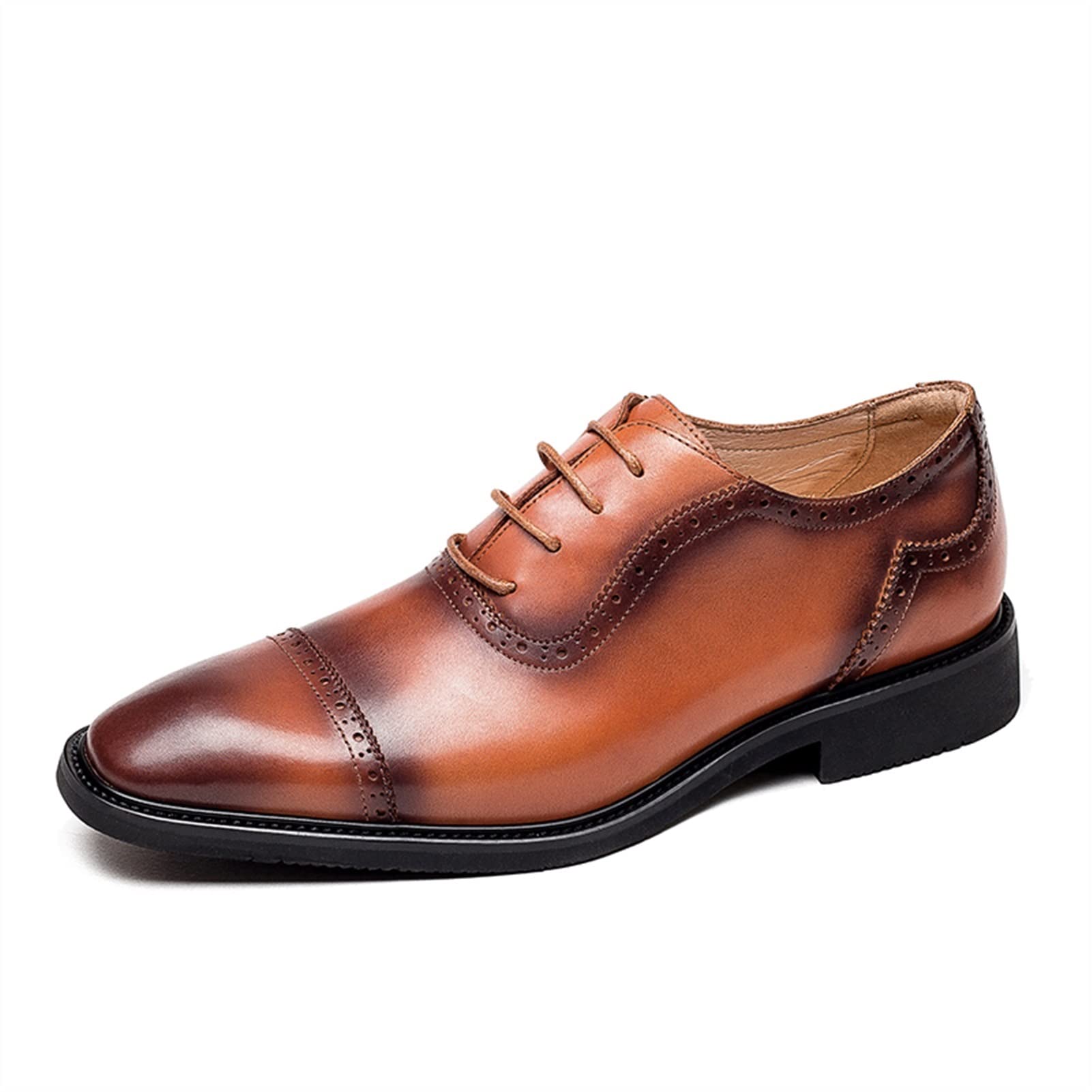 Men's Genuine Leather Dress Shoes - Oxford Lace Up Square Toe Cap Toe Formal Shoes with Slip Resistant Rubber Sole & Low Block Heel | Perfect for Business, Wedding, Prom & Office Wear