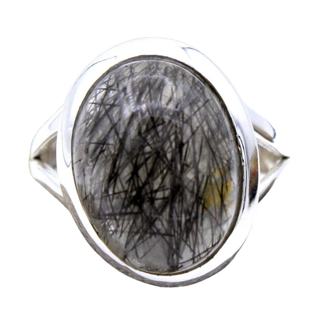 Black Rutile 925 Sterling Silver Rings for Women - Oval Gemstone Bridesmaid Rings, Bezel Set Handmade Statement Jewelry - Perfect for Weddings, Parties & Special Occasions