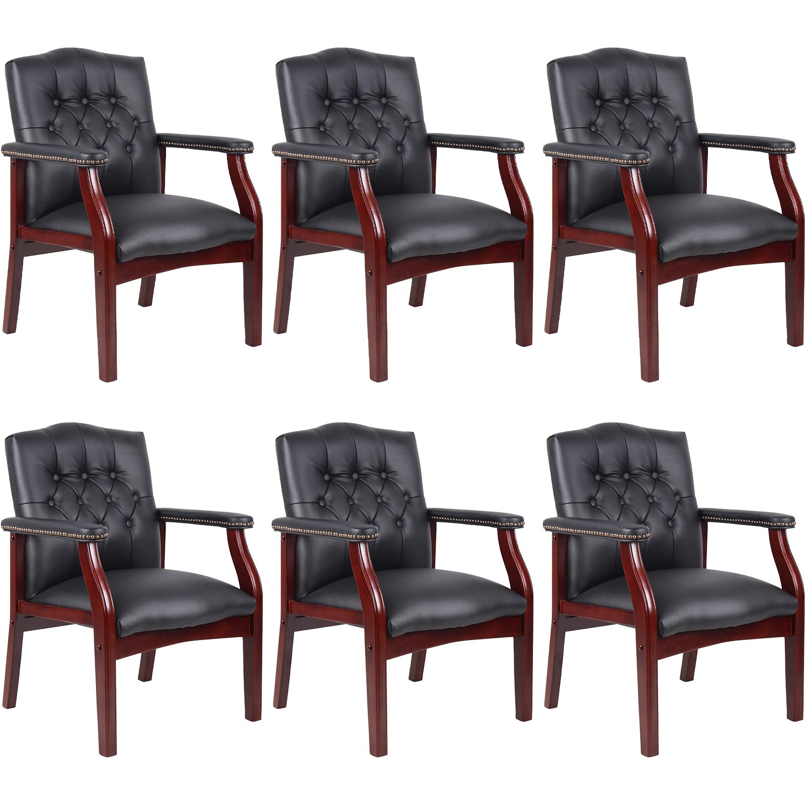Premium Black Leather Office Chairs Set of 6 - High Back Ergonomic Executive Guest Chairs for Reception & Conference Rooms - Perfect for Waiting Areas, Meetings, Church Events & Lobby Seating - Armrest Design Without Wheels - Modern Professional Workspace Furniture