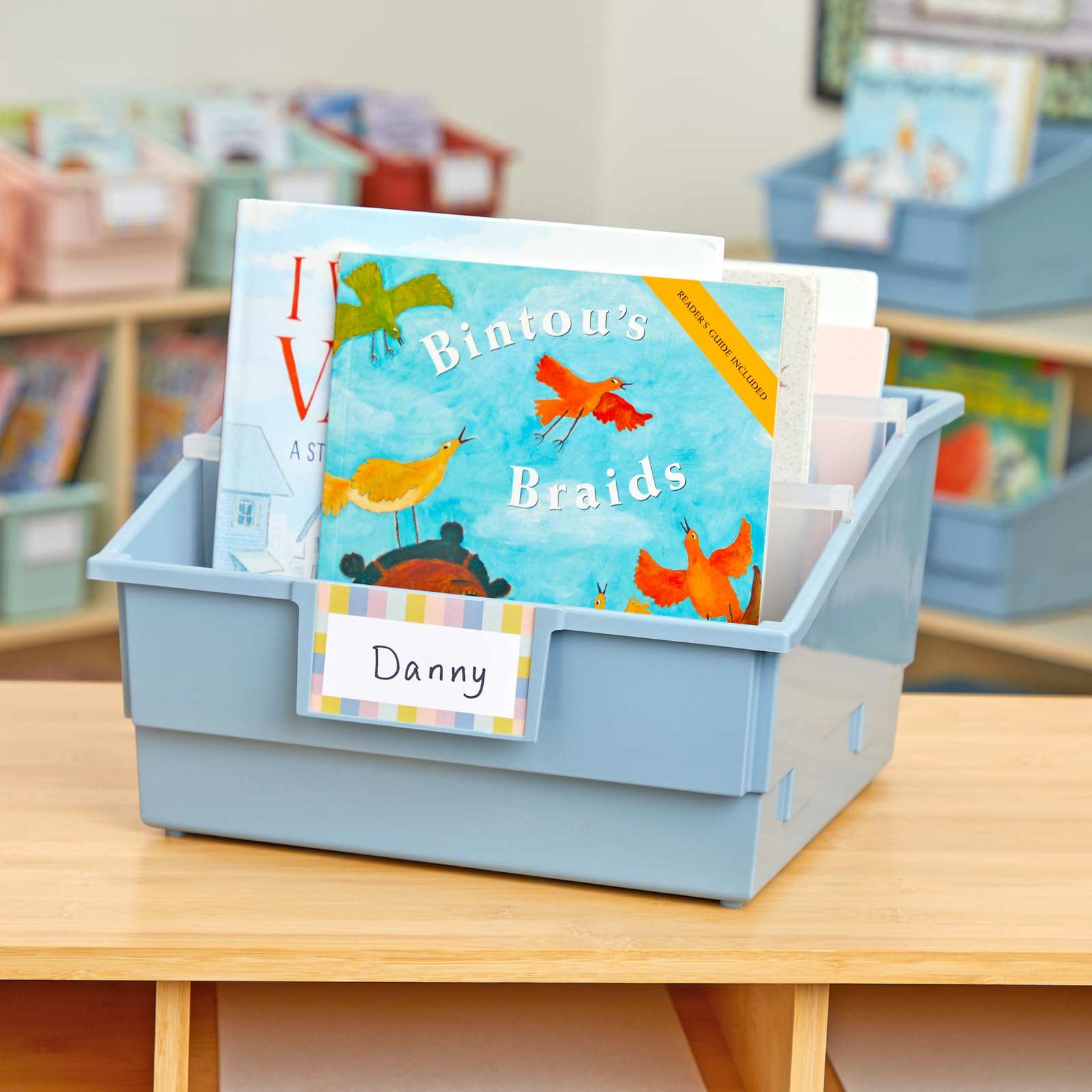 Really Good Stuff Picture Book Classroom Library Bins with Dividers - 6 Pack - Smoke Blue | Durable Book Storage Organizer for Teachers | Perfect for Classroom, Homeschool & Kids' Reading Corner Organization