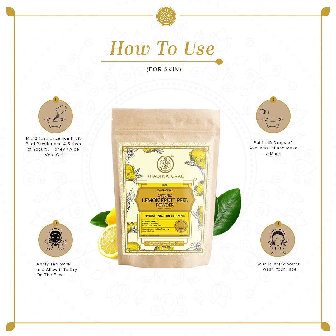 Organic KHADI NATURAL Lemon Fruit Peel Powder - Brightening & Exfoliating for Glowing Skin | Perfect for DIY Face Masks, Scrubs & Hair Treatments