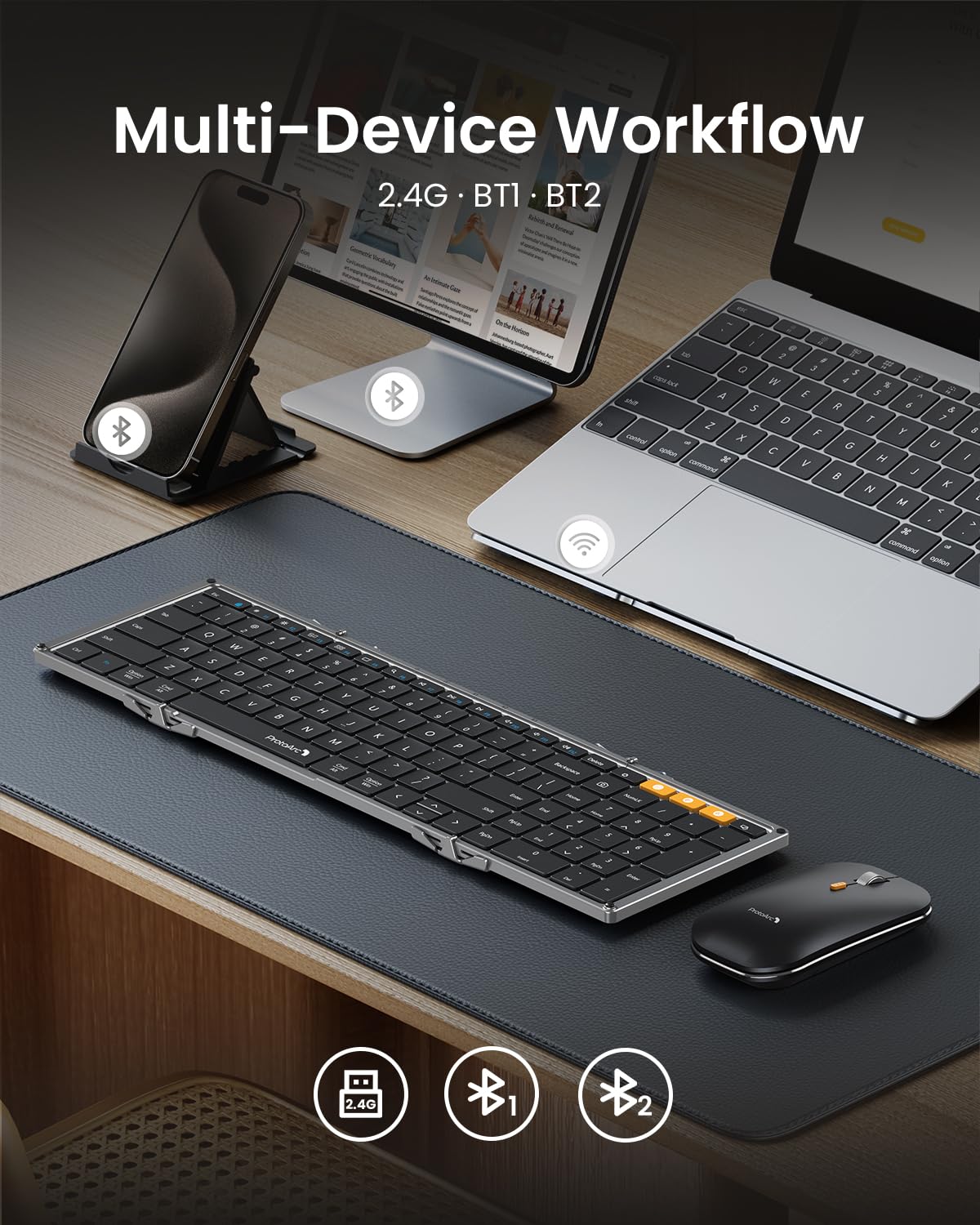 ProtoArc XKM01 Foldable Keyboard and Mouse Combo - Full-Size Wireless 2.4G/Dual Bluetooth Portable Keyboard with Mouse for Laptop, iPad, Tablet - Business & Travel Essential (Black Gray) - Perfect for Remote Work, Coffee Shops, and Airplane Tray Tables