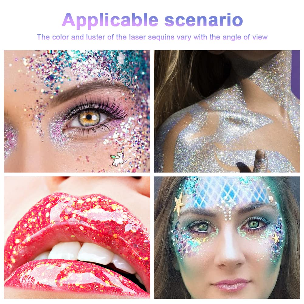 URAQT Holographic Mermaid Sequins Chunky Cosmetic Glitter Gel - Sparkling Face & Body Makeup for Festivals, Parties, Halloween & DIY Art (Silver) | Perfect for Eye, Hair, Nail Designs & Creative Projects
