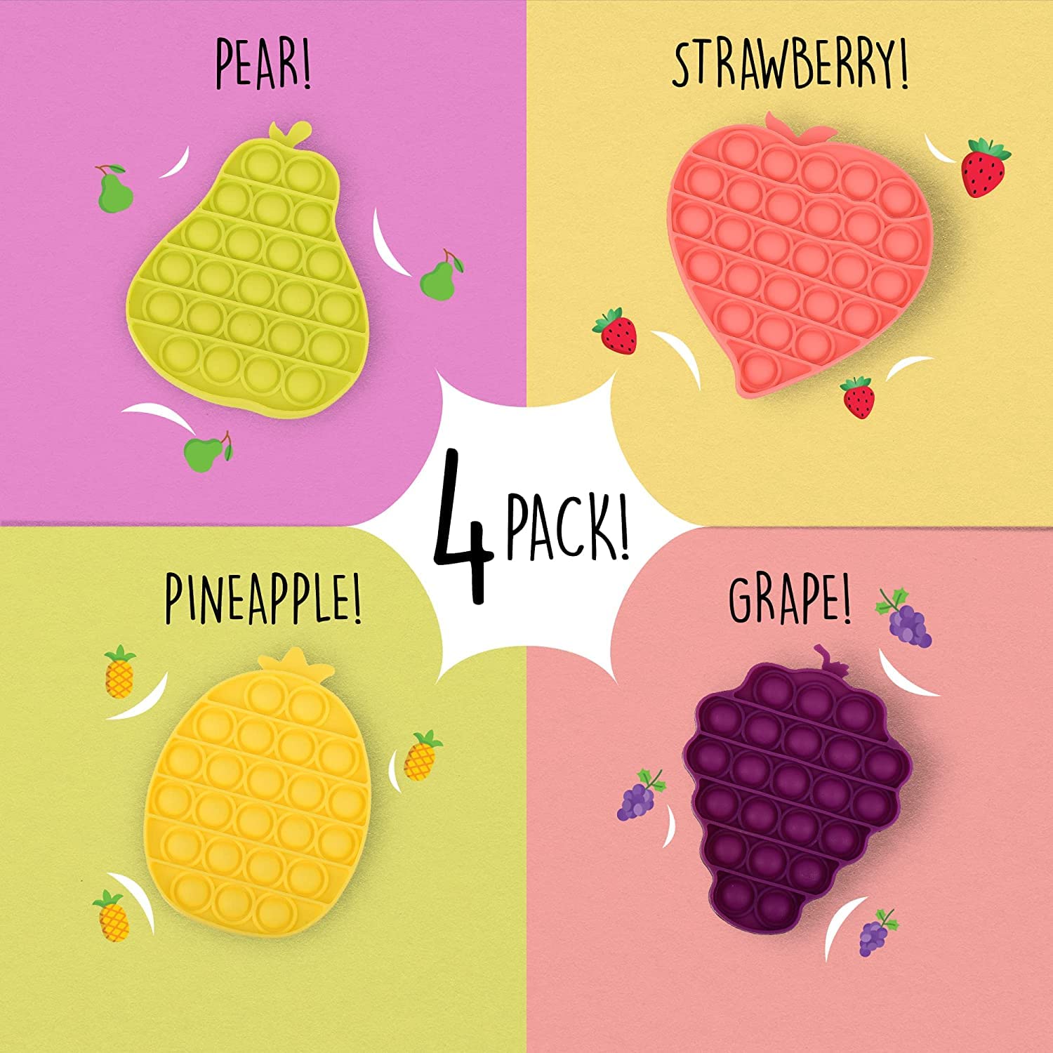 IMPRESA 4-Pack Fruit-Scented Monkey Push Pop Sensory Fidget Toys for Kids & Adults - Anxiety Relief & Focus Improvement - Bubble Popper Sensory Toy for Stress Relief at Home, School or Office