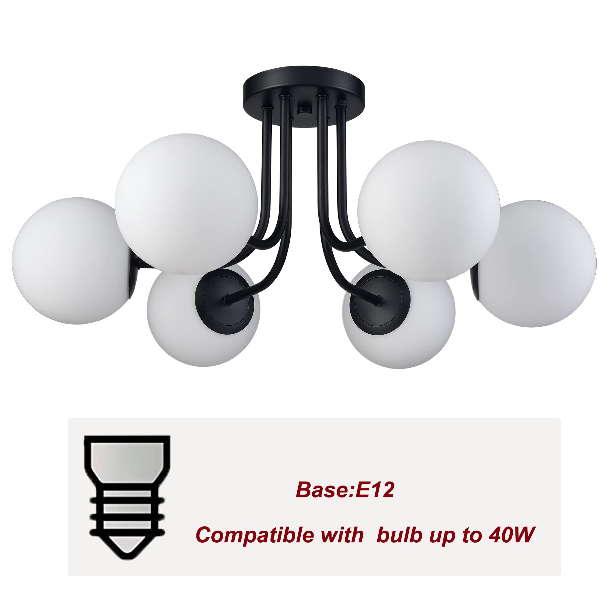 Modern 6-Light Black Metal Ceiling Light Fixture with White Glass Globe Shades - Semi Flush Mount Sputnik Chandelier for Living Room, Bedroom, Dining Room & Hallway - Perfect for Modern Home Decor & Ambient Lighting