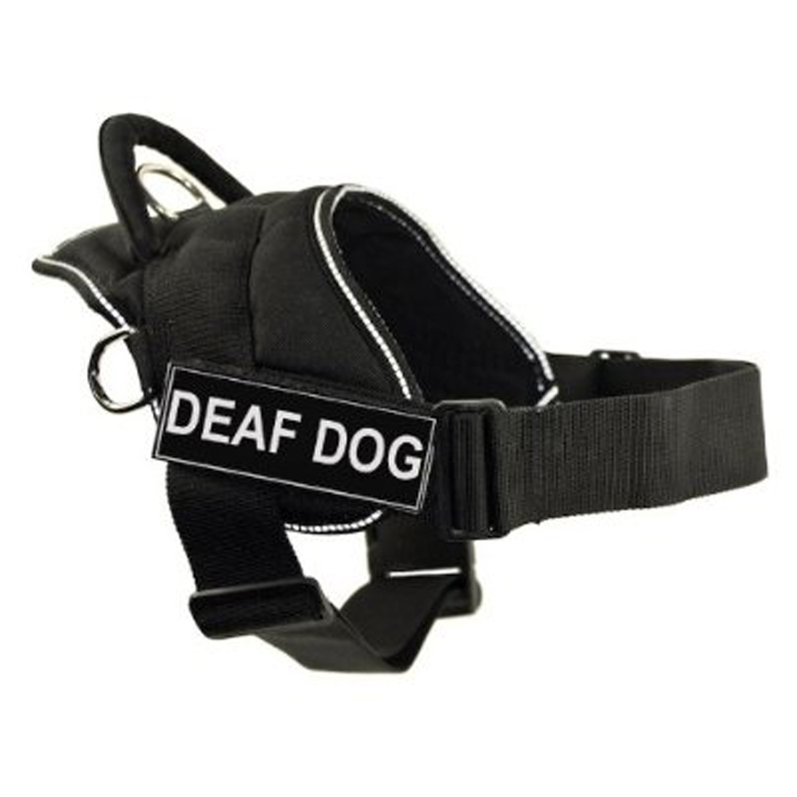 DT Fun Works Reflective Dog Harness for Deaf Dogs - Small (22-27 Inch Girth) - Black with Safety Trim - Perfect for Night Walks & Outdoor Adventures