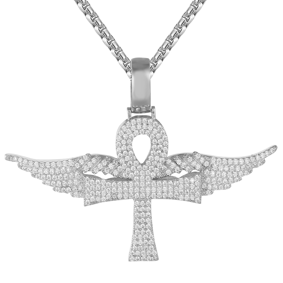 Sterling Silver Ankh Cross Pendant with Angel Wings - Icy Hip Hop Style Jewelry for Men & Women - Perfect for Gifts, Rap Fashion, and Everyday Wear