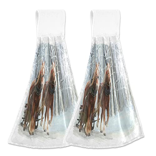 Christmas Themed Horse Sleigh Kitchen Towels Set of 2 - Absorbent Winter Snow Forest Hand Towels with Loops for Oven, Stove & Bathroom - Holiday Home Decor & Practical Dish Cloths for Festive Season