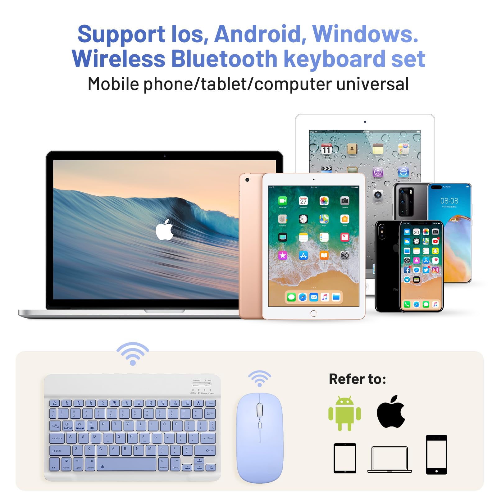 Rechargeable Bluetooth Keyboard and Mouse Combo - Wireless Portable Set for Apple iPad/iPhone (iOS 13+), Samsung Tablet, Android & Windows Devices (10-inch, Purple) - Perfect for Home Office, Remote Work & Travel