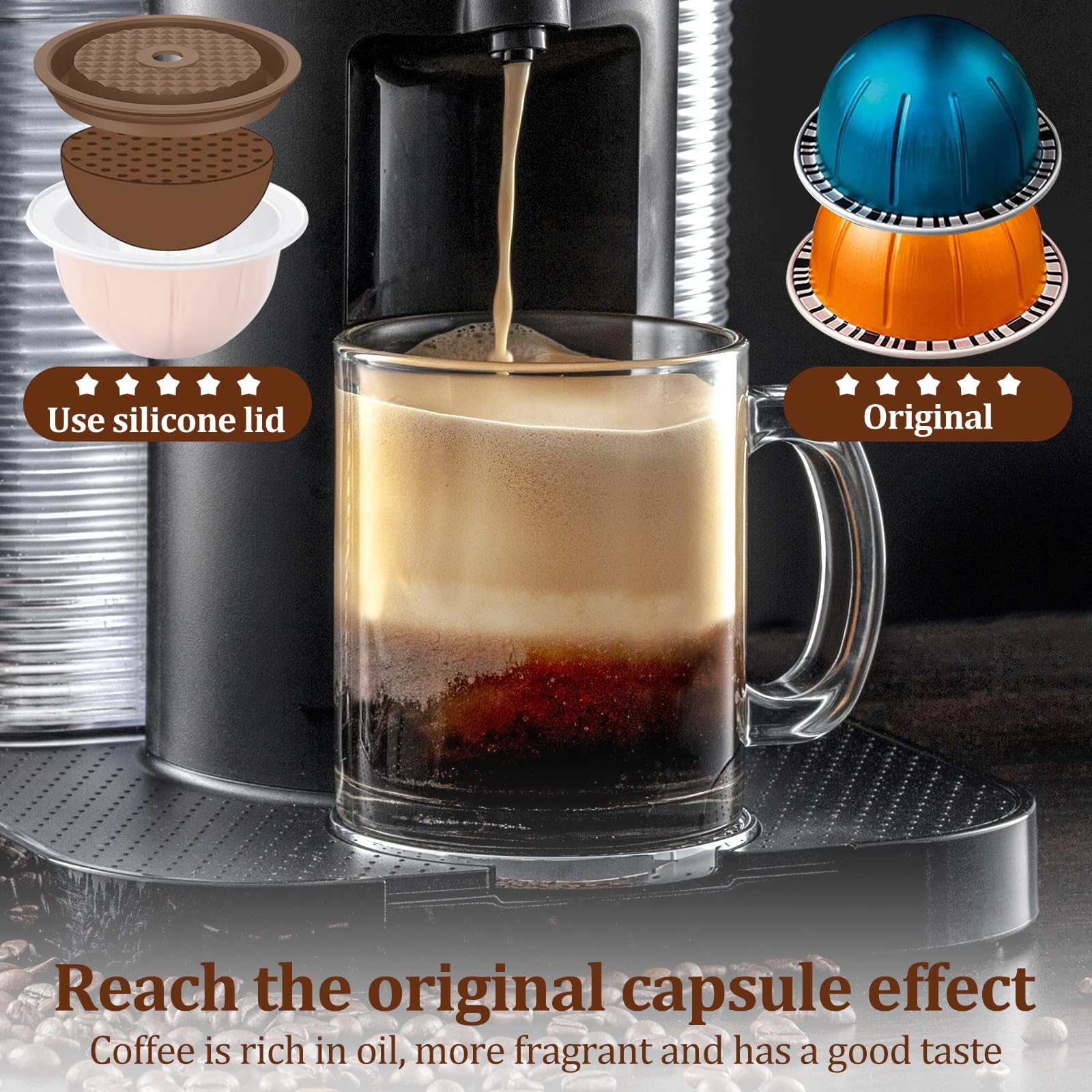 2Pcs Reusable Coffee Capsule Lids - Food Grade Silicone Refillable Pod Covers for Nespresso & Keurig - Universal Fit for Any Size Coffee Pods with Scoop & Brush - Perfect for Home, Office & Travel Use