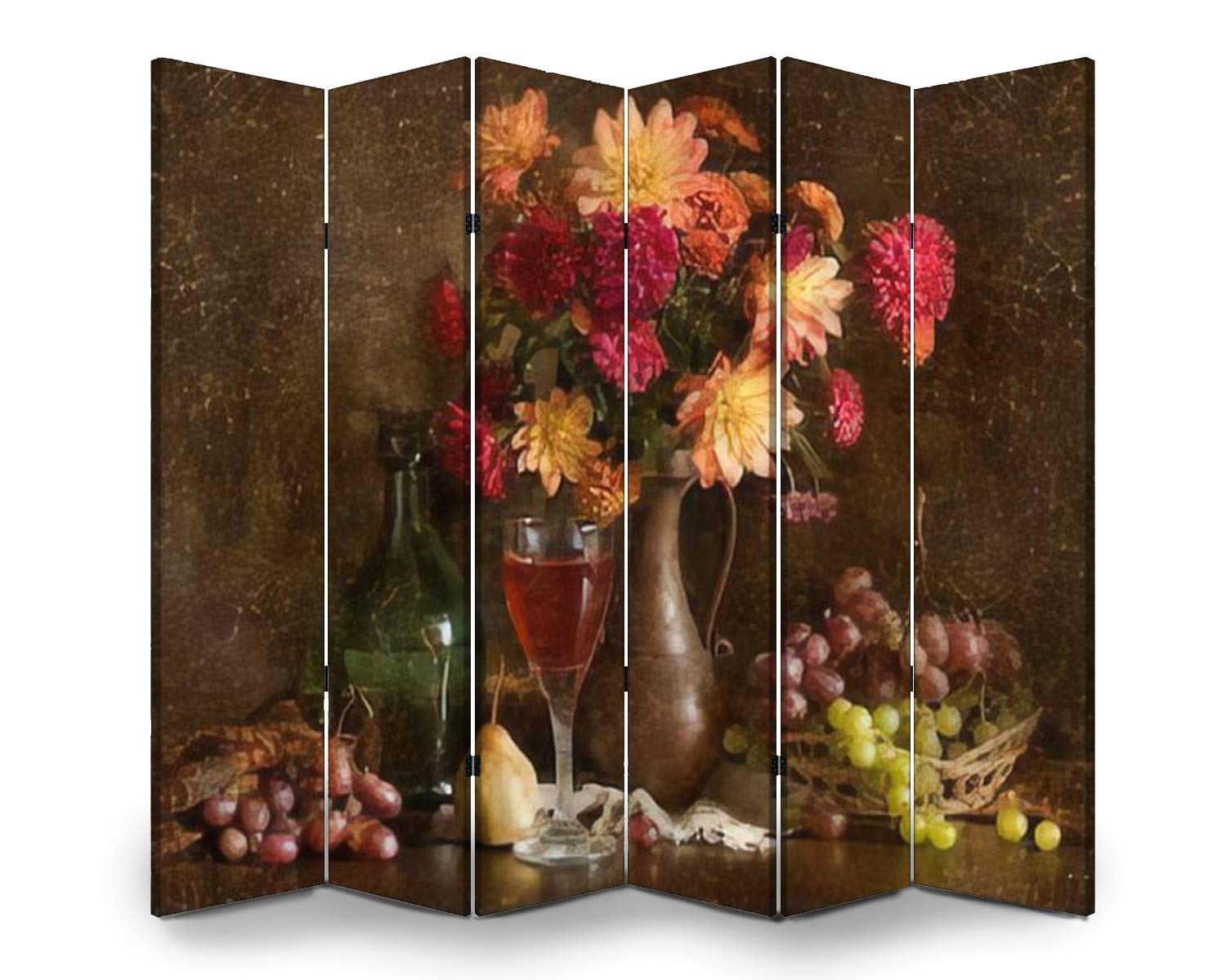 APED DECOR 6-Panel Wood Room Divider - Autumn Floral & Grape Still Life Canvas Folding Screen for Home Privacy, Dual-Sided Wall Partition with Display Shelves | Perfect for Living Room, Bedroom, Office & Studio Decor