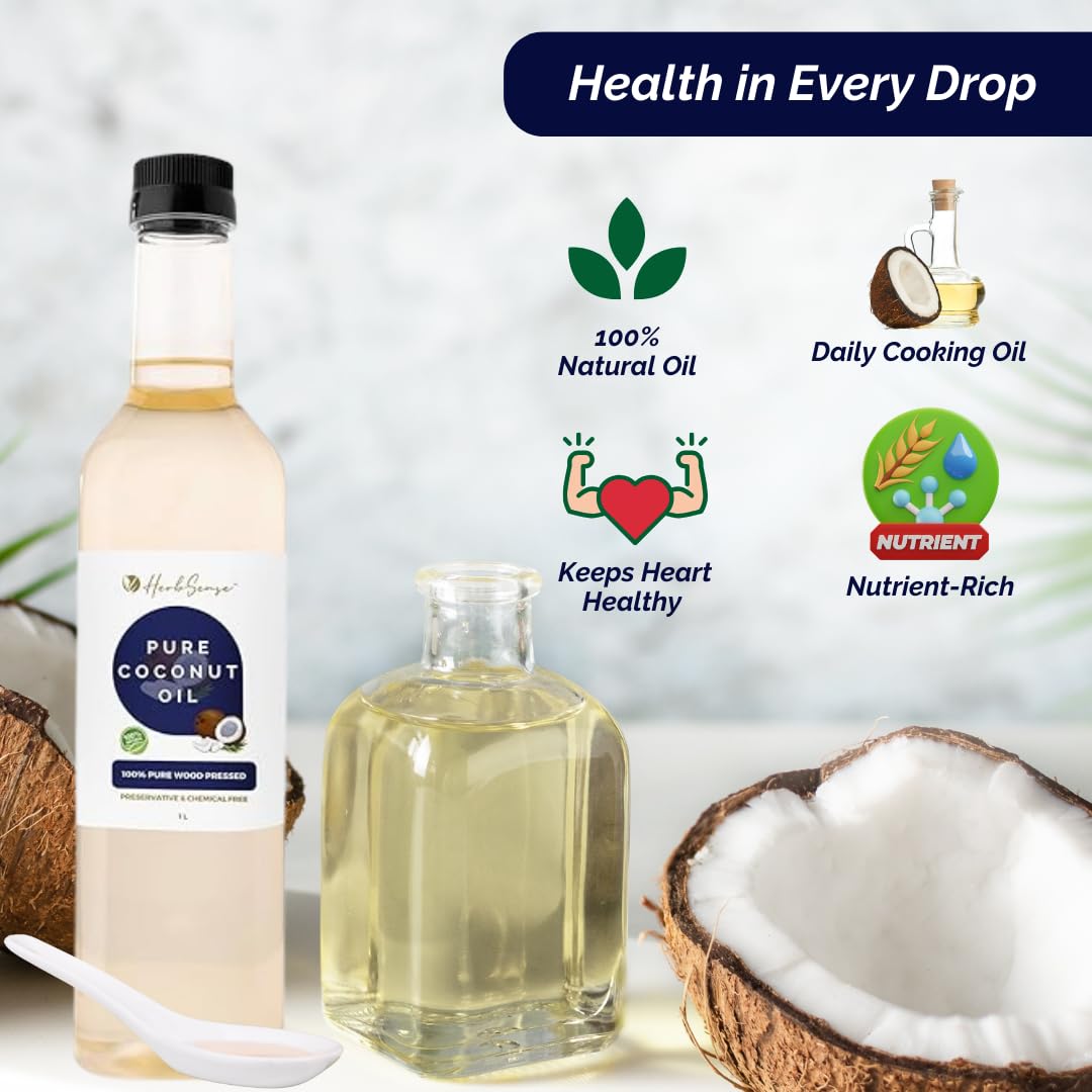 Herbsense 100% Pure Cold Pressed Coconut Oil - Organic Unrefined Virgin Coconut Oil for Hair Care, Skin Moisturizer, Baby Massage & Oil Pulling | 16.9oz (500ml) | Perfect for Cooking, Beauty & Wellness Routines