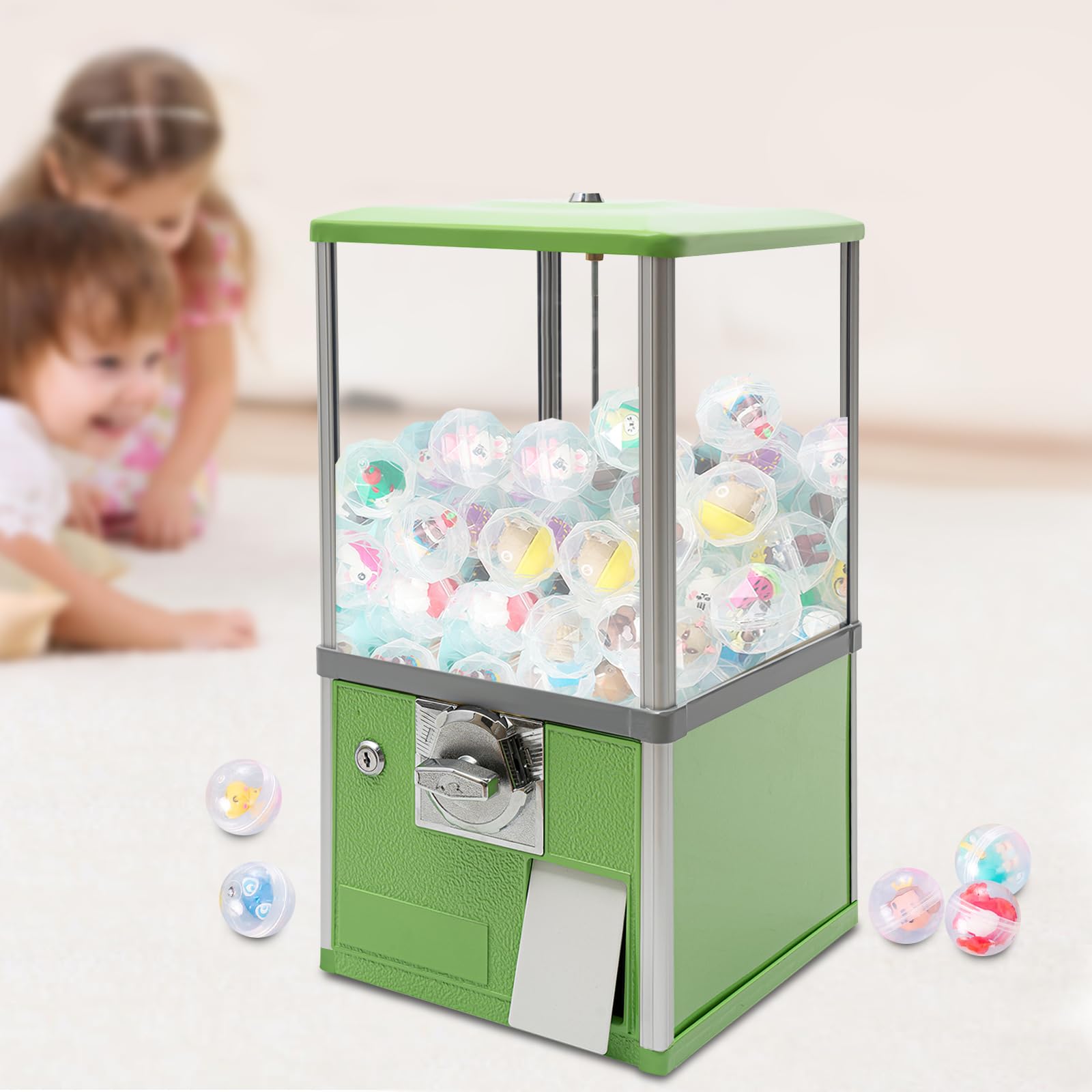 Green Metal Candy Vending Machine - 20.87 Inch Height Gumball Dispenser with 1.77-1.97 Inch Capacity | Portable Coin-Operated Gumball Bank for Retail Stores, Arcades & Home Use | Commercial & Home Candy Machine for Parties, Events & Small Business
