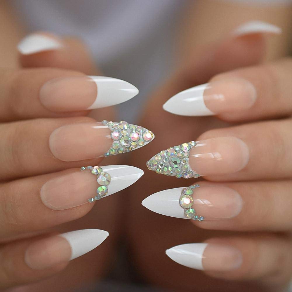 3D Rhinestone False Nails - Glamorous Ab Gemstone White French Tips, Super Long Press on Nails for Parties, Weddings & Special Events (24pcs) - Perfect for Nail Art, Cosplay and Night Out Looks