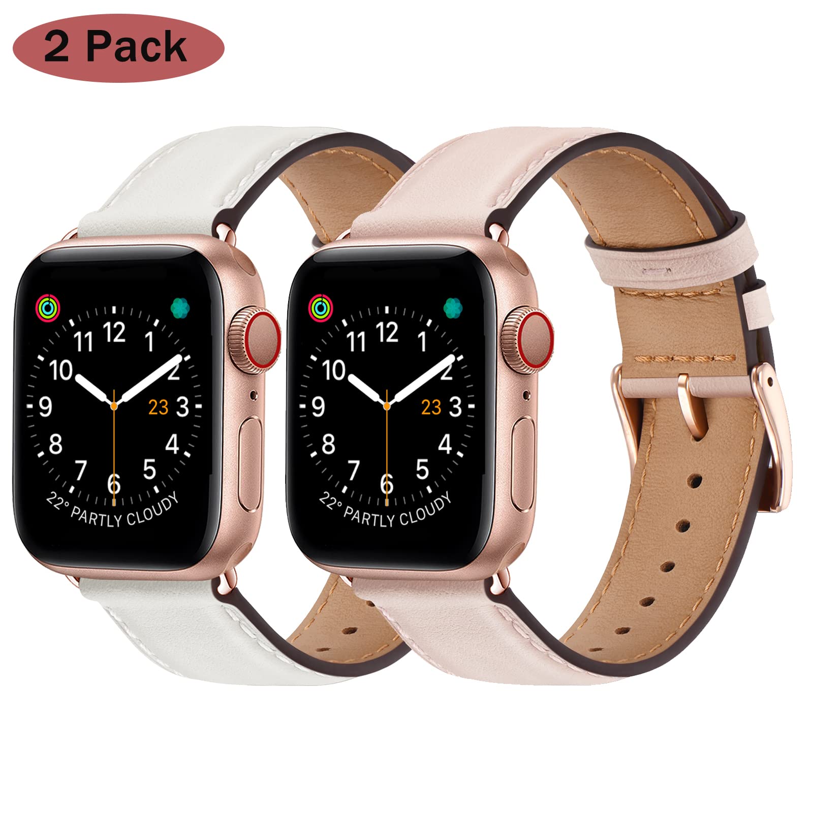 OMIU 2 Pack Genuine Leather Apple Watch Bands - Compatible with 42mm 44mm 45mm 49mm, for Series 8/7/6/5/4/3/2/1/SE/Ultra - Stylish Replacement Band for Women & Men - Perfect for Workouts, Office & Everyday Wear