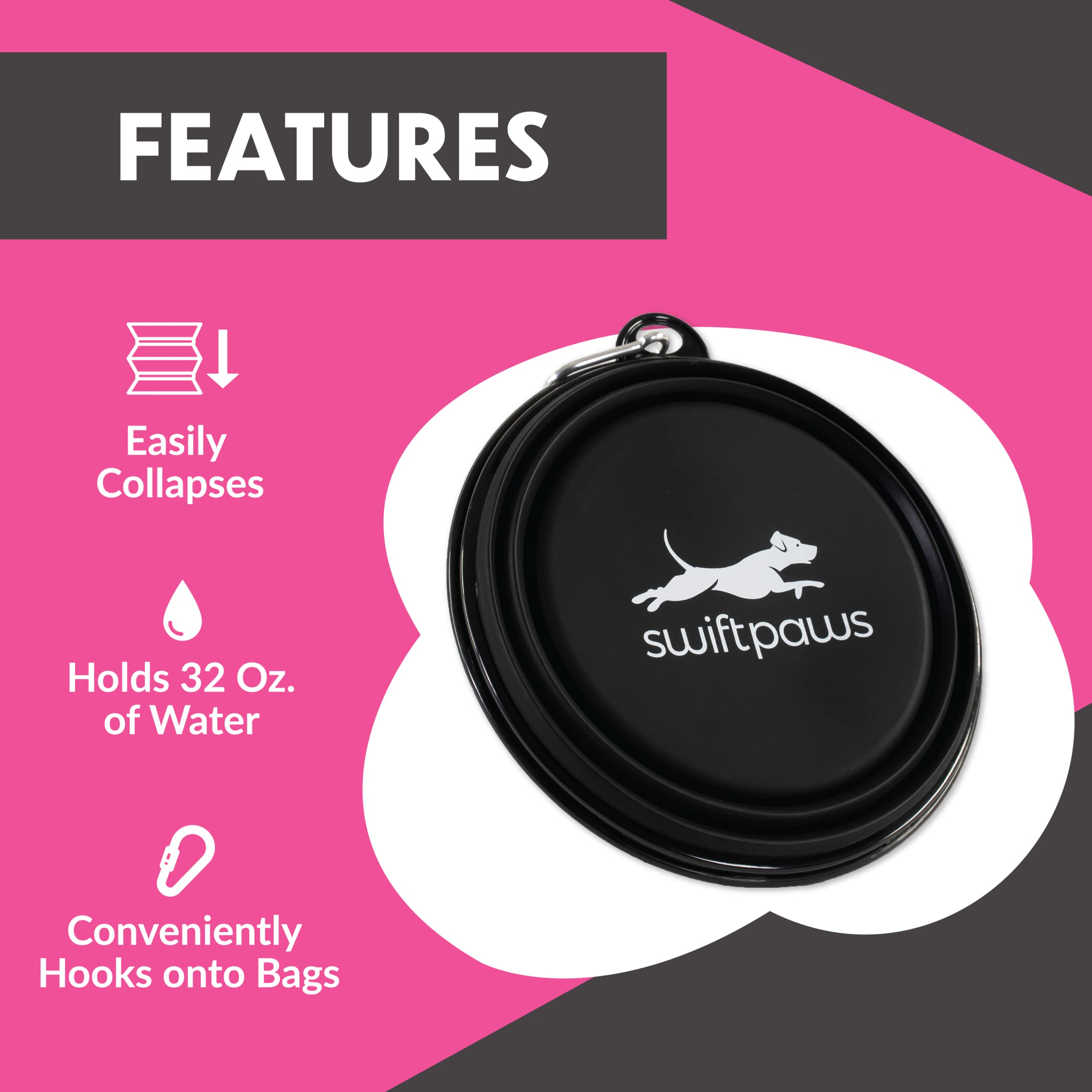 SwiftPaws Collapsible Dog Bowl - 32oz Portable Water & Food Dish for Small & Large Breeds - Lightweight Foldable Travel Bowl with Keychain Hook - Durable Silicone Pet Bowl (Black) - Perfect for Hiking, Camping & Outdoor Adventures