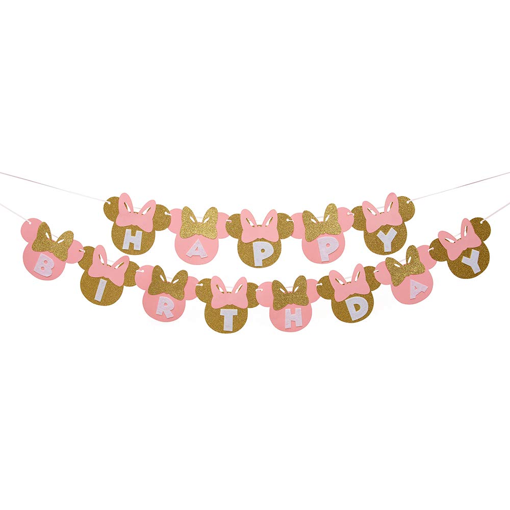 Pink and Gold Minnie Mouse Birthday Banner - Minnie Mouse Party Decorations, Happy Birthday Banner for Girls, Baby Shower & Birthday Party Supplies - Perfect for Disney Themed Parties, Kids Room Decor, and Special Celebrations