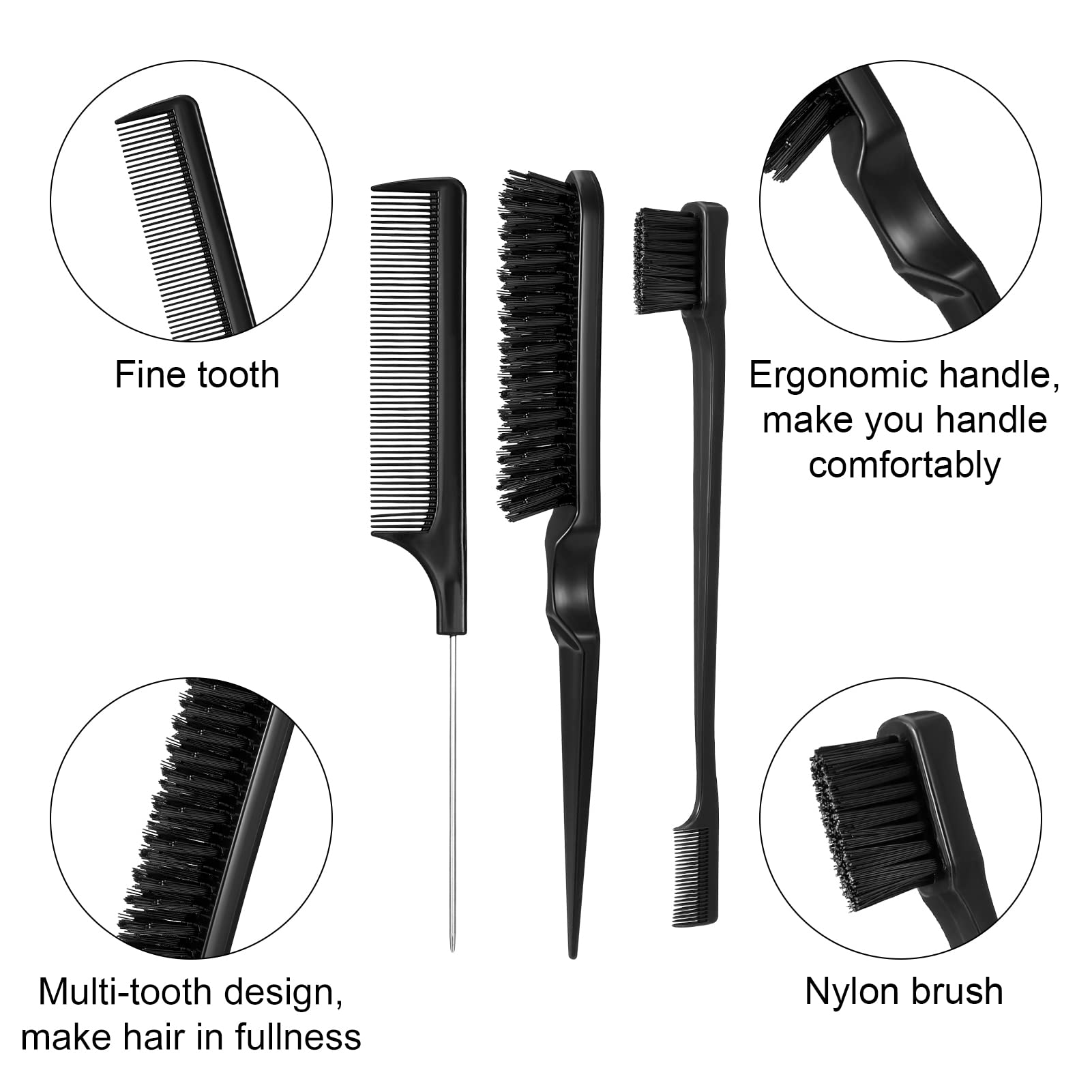 Dacitiery 3-Piece Slick Brush Set - Professional Hair Teasing & Edge Control Brushes, Grooming Combs, Rat Tail Comb & Double-Sided Edge Brush for Women, Babies & Kids (Black) - Perfect for Styling, Detangling & Smoothing Hair at Home or Salon