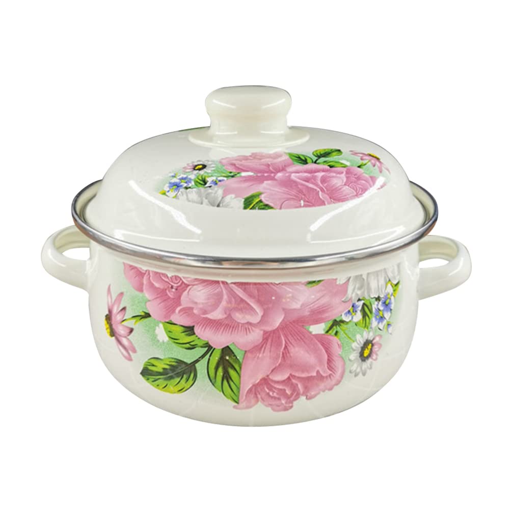 Vintage Style Enamel Stock Pot with Floral Design - 5QT Thickened Enamelware Cooking Pot for Soup, Stew, Pasta & Kitchen Use - Durable Enamel Coated Stockpot for Stovetop, Oven & Serving - Perfect for Home Cooking, Camping & Dinner Parties