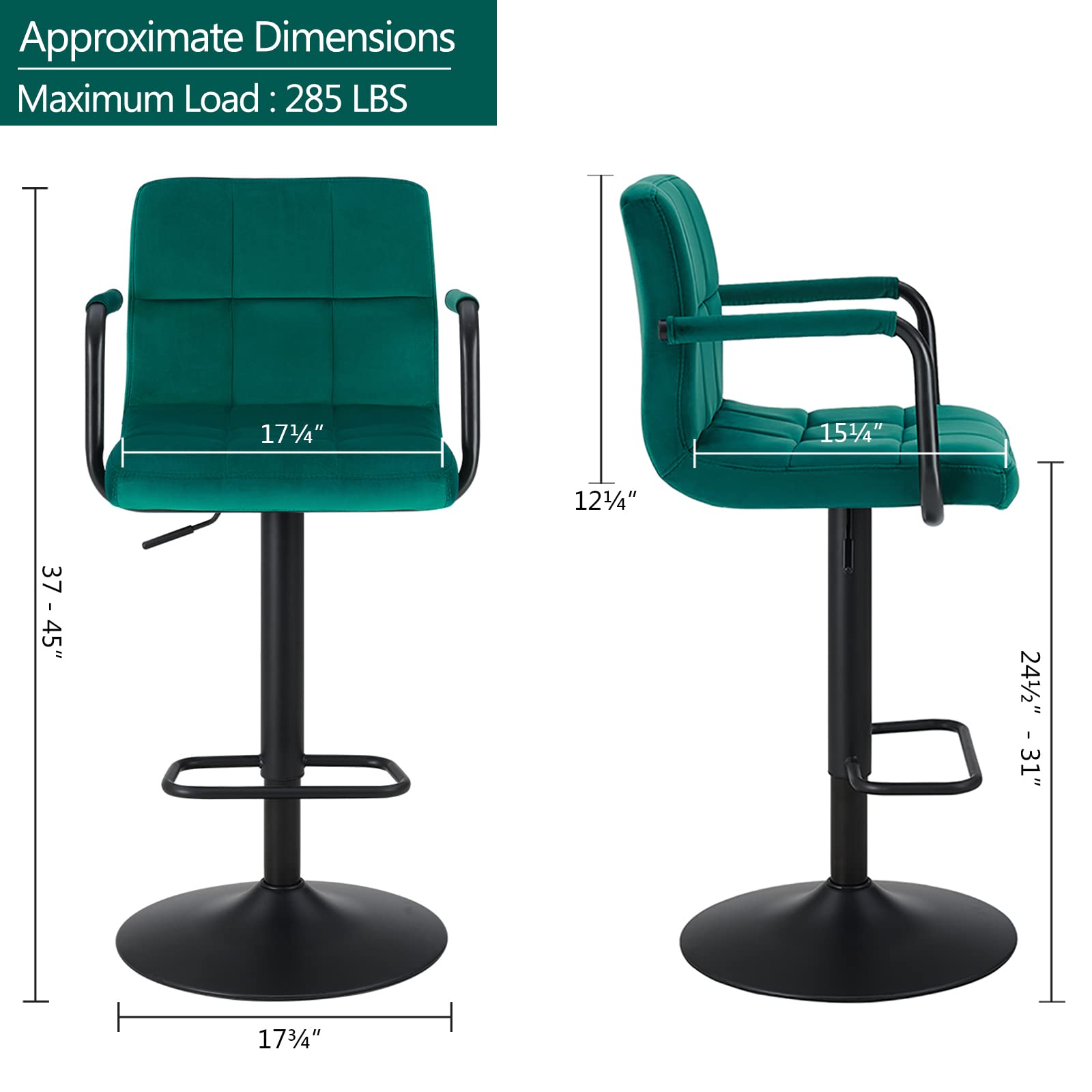 DUHOME Modern Swivel Adjustable Bar Stools Set of 2 - Velvet Upholstered Counter Height Stools with Hydraulic Lift for Home Bar, Kitchen Island & Dining Room - Contemporary Teal Barstools for Restaurant & Cafe Decor